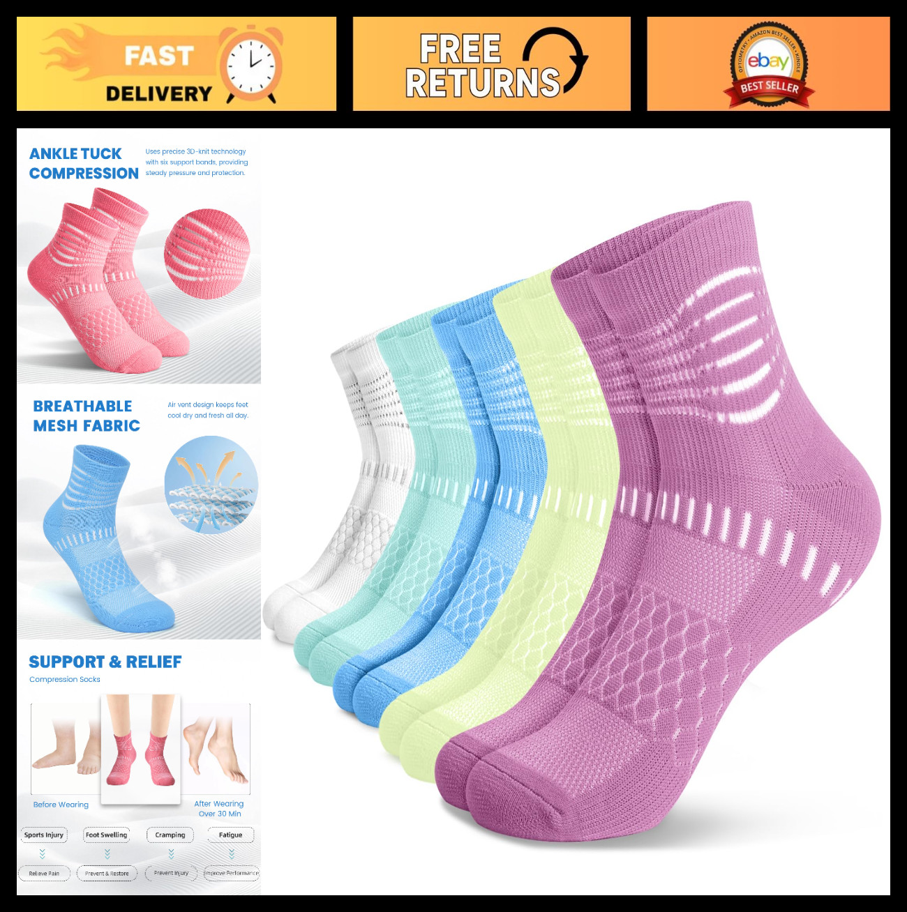 Ankle Compression Socks for Plantar Fasciitis Relief – Cushioned Athletic Runnin