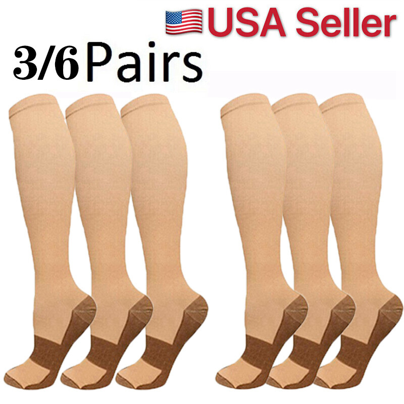3-6 Pairs Compression Socks Copper Knee High 20-30mmHg Energy Support Recover