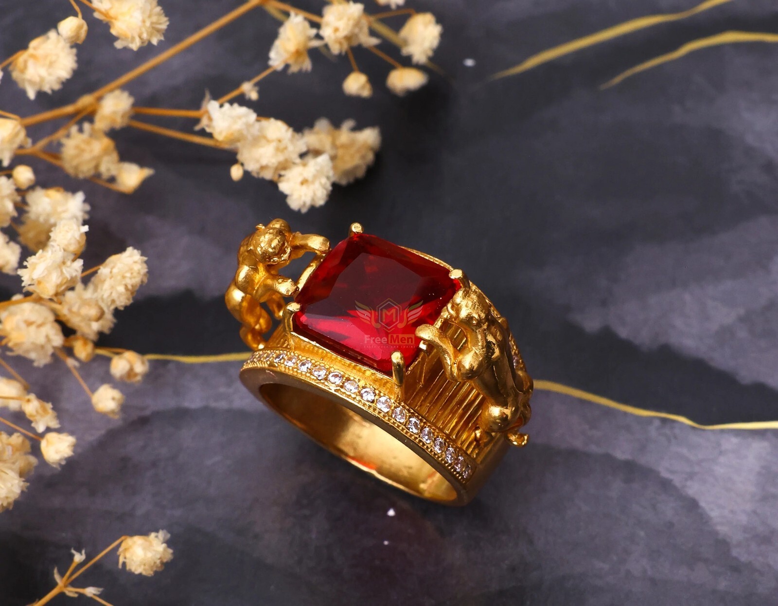 Lion Three Lines Red AD Golden Ring