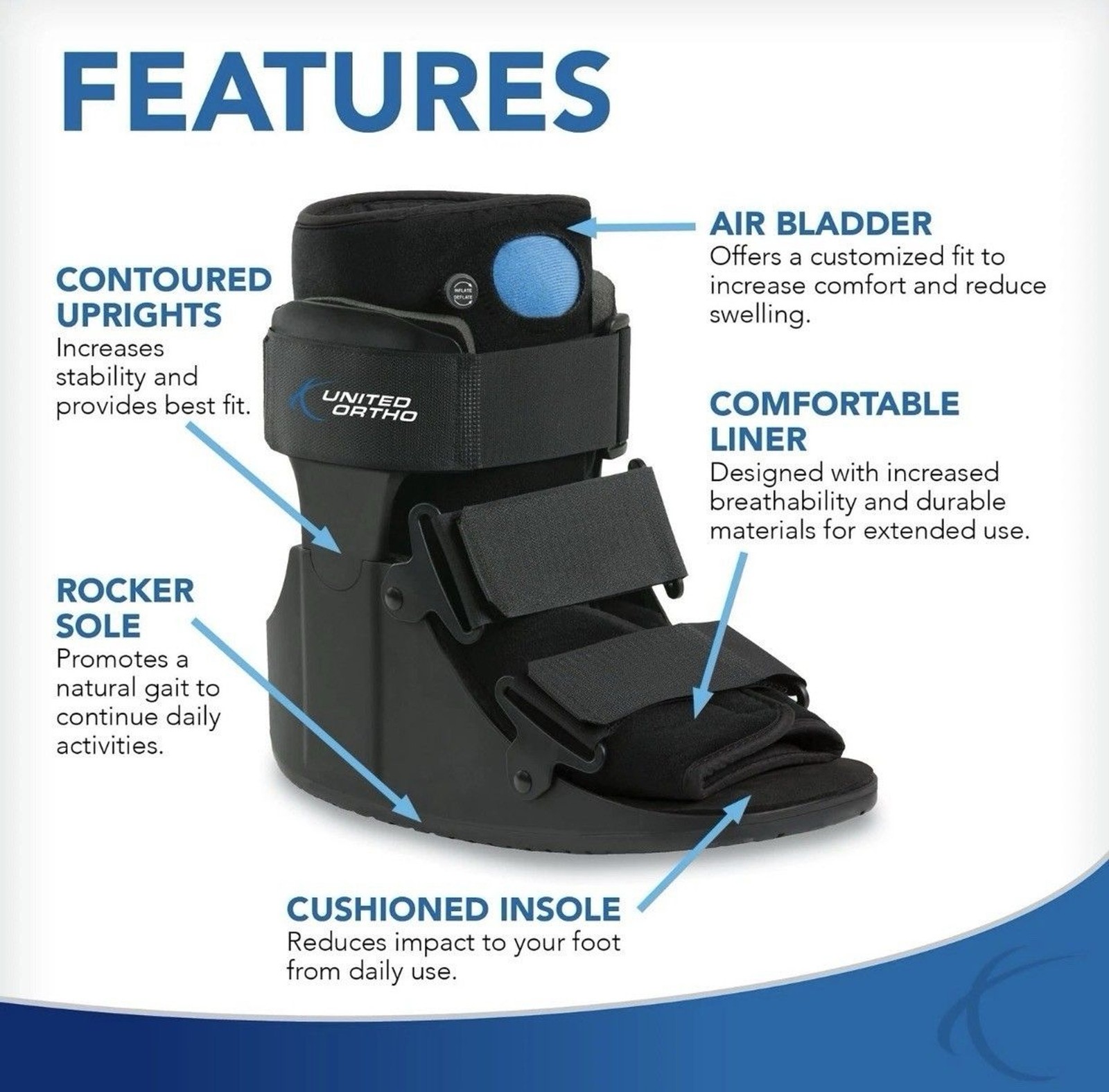United Ortho Short Air Cam Walker Fracture Boot, Small, S, Black