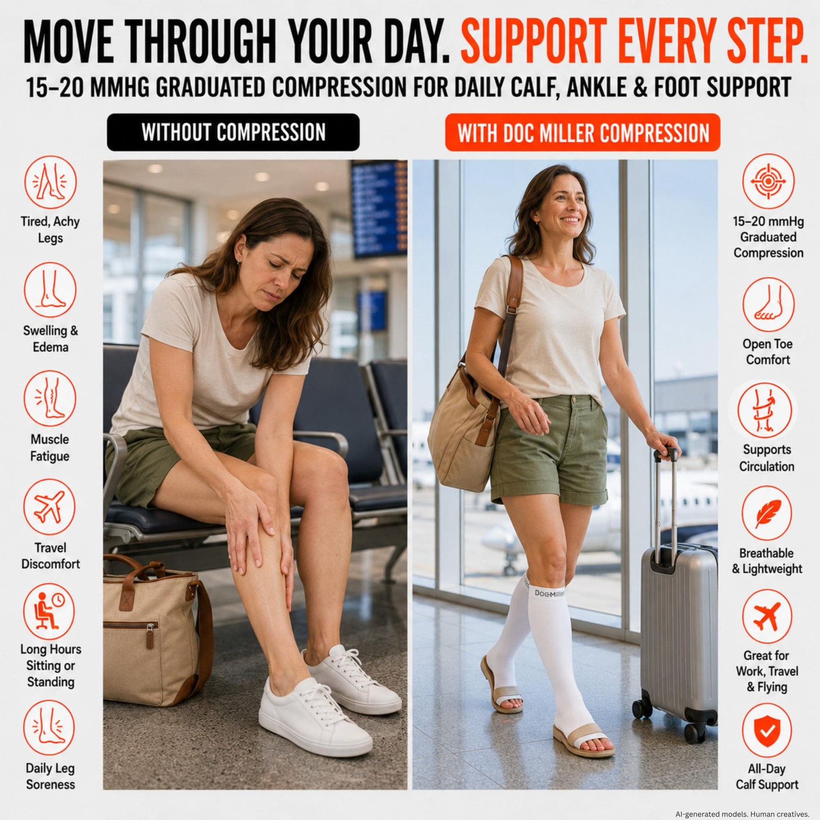 Open Toe Compression Socks 15–20 mmHg Knee High Calf Support Graduated 1 Pair