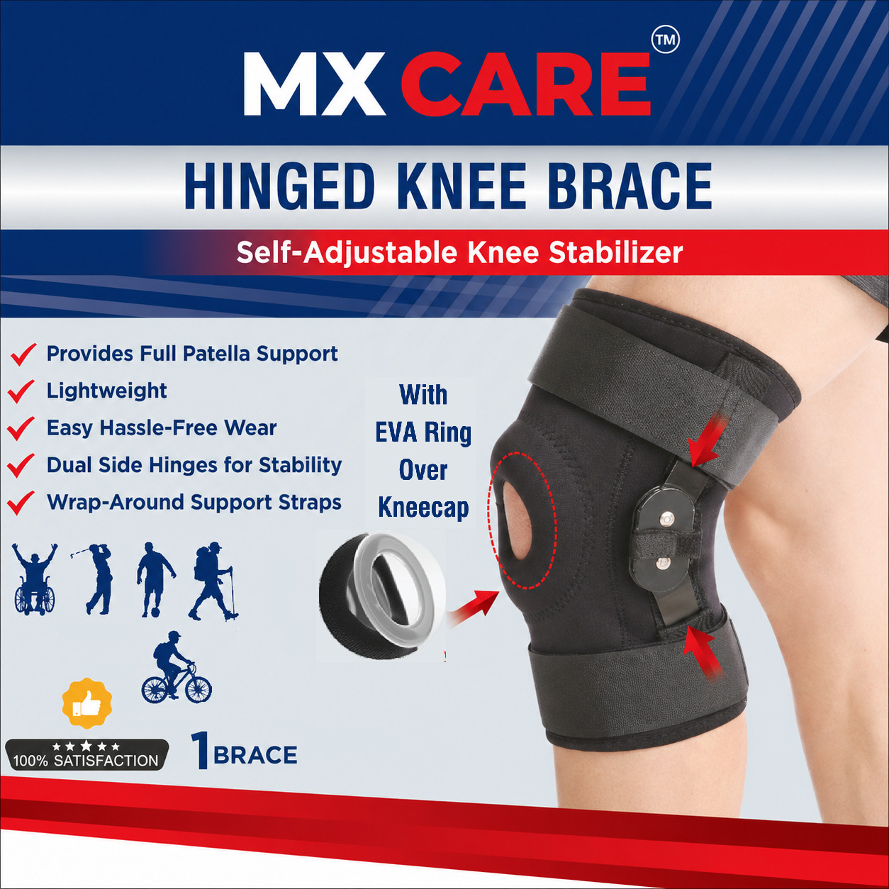 MX Care Knee Compression Brace with Patella Support & Hinges for Sports Injury