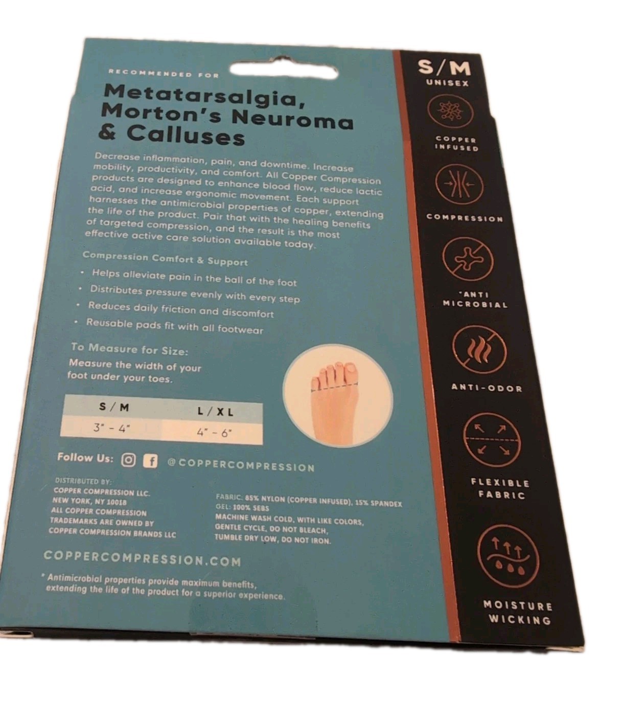 Copper Compression Metatarsal Pads Max Copper Extra Padding for Comfort, L/XL