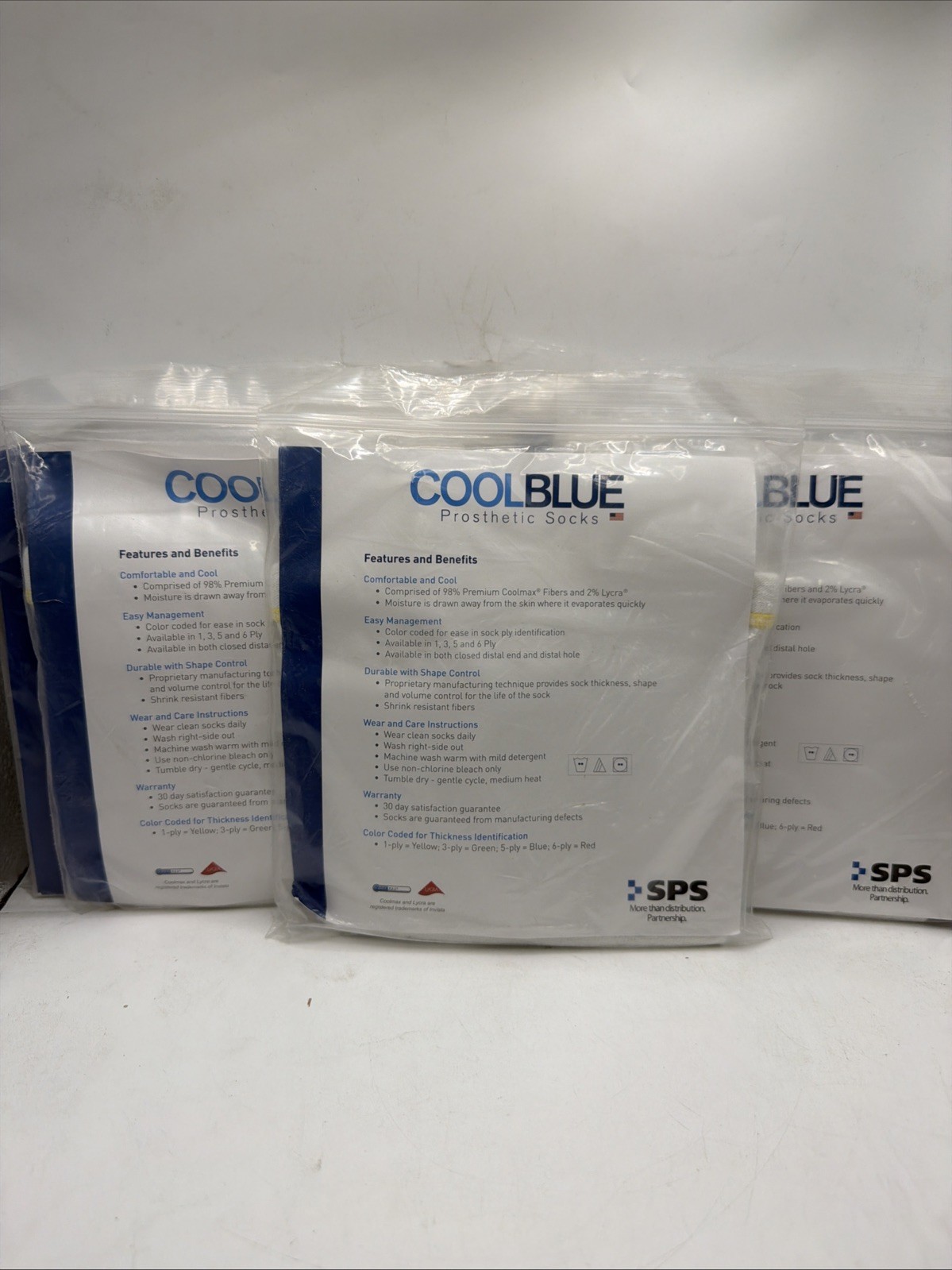 5 Packs Cool Blue 1Ply Prosthetic Sock Sewn Hole Size 3, 4 Length 16-20” NEW