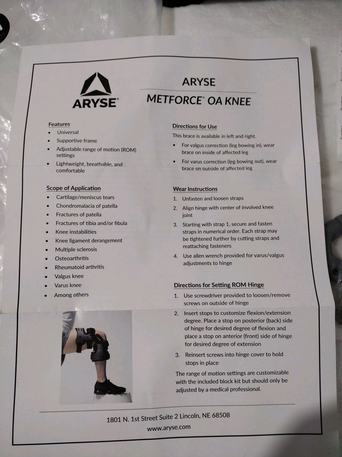 Complete Set 2 Aryse Metforce OA Knee Braces Right & Left and 2 Aryse Alphawraps