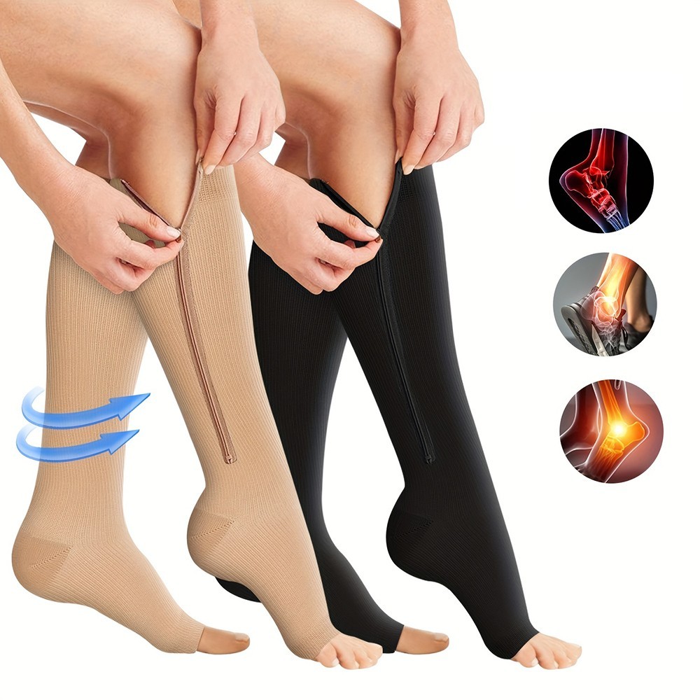 Open Toe Zipper Compression Socks Support Graduated Stockings Unisex 20-30mmHg