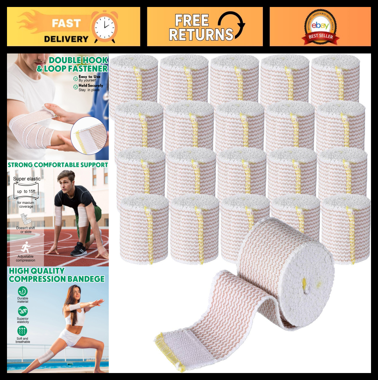 20 Pack 2″ Elastic Bandage Wraps – Self Closure Compression for Legs, Knees, Ank