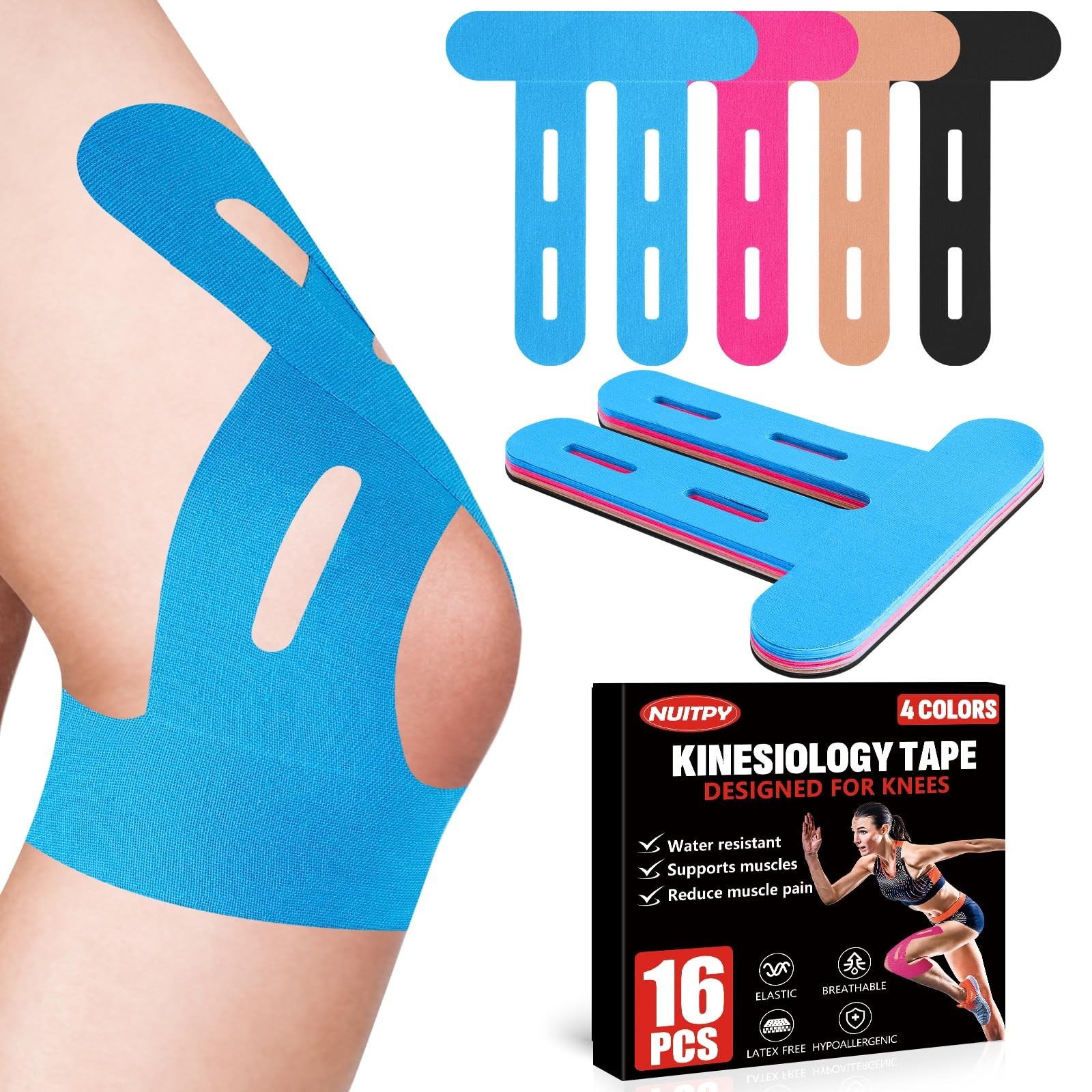 16 PCS Kinesiology Tape for Knees, 4 Colors Knee Support Tape, Precut Knee Tape