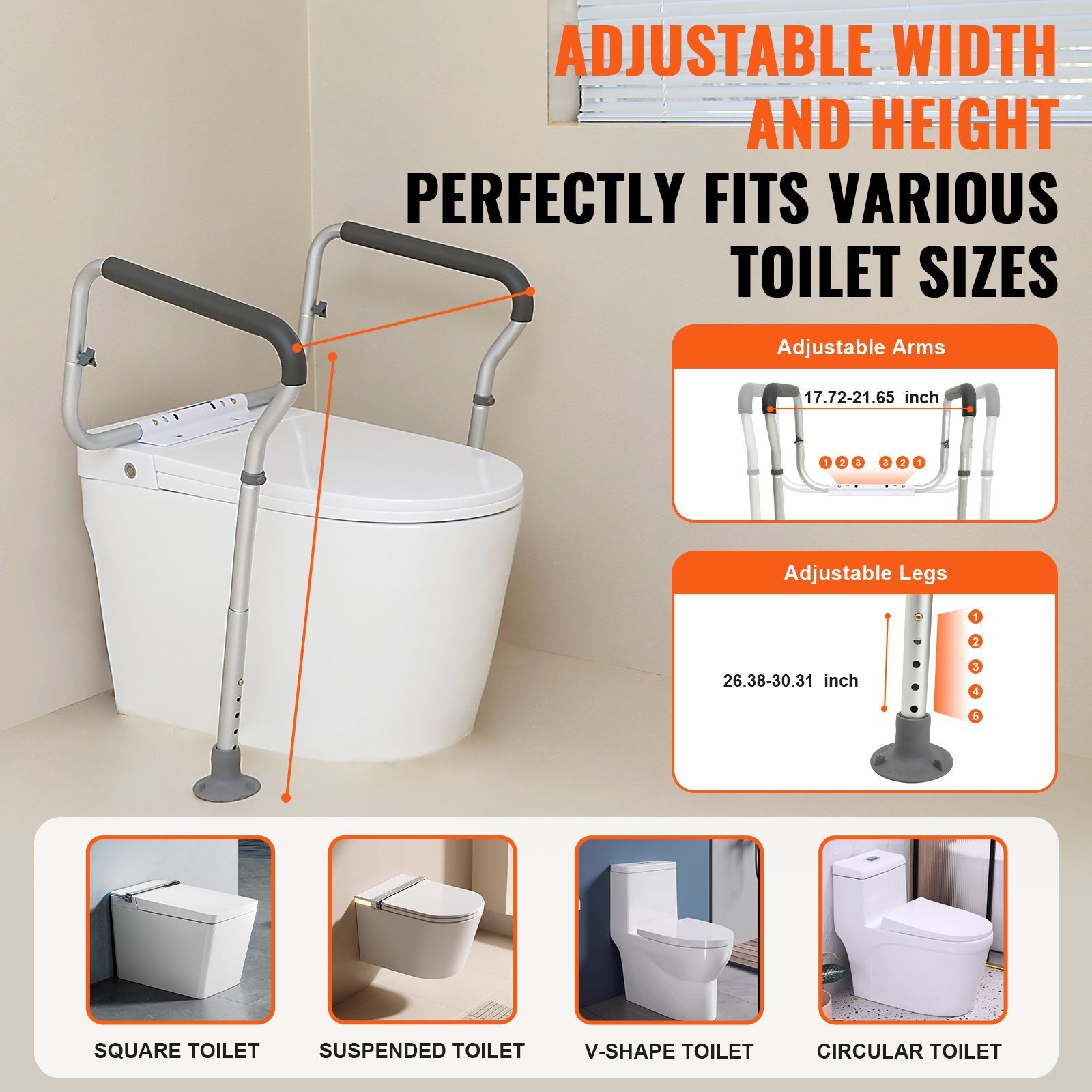 Toilet Safety Rail, Bathroom Toilet Seat Frame, Adjustable Width & Height Fit