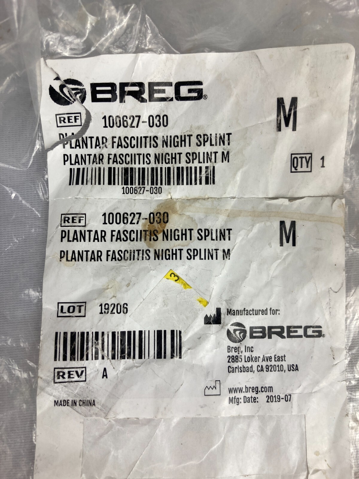 Breg Adjustable Night Splint Small Medium M Women Size 6-10 Men 5-9 Open Bag