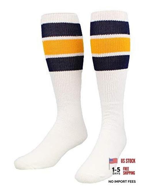 Retro Tube Socks with Stripes for Men & Women – 3 Stripe, 70’s Large Navy/Gold