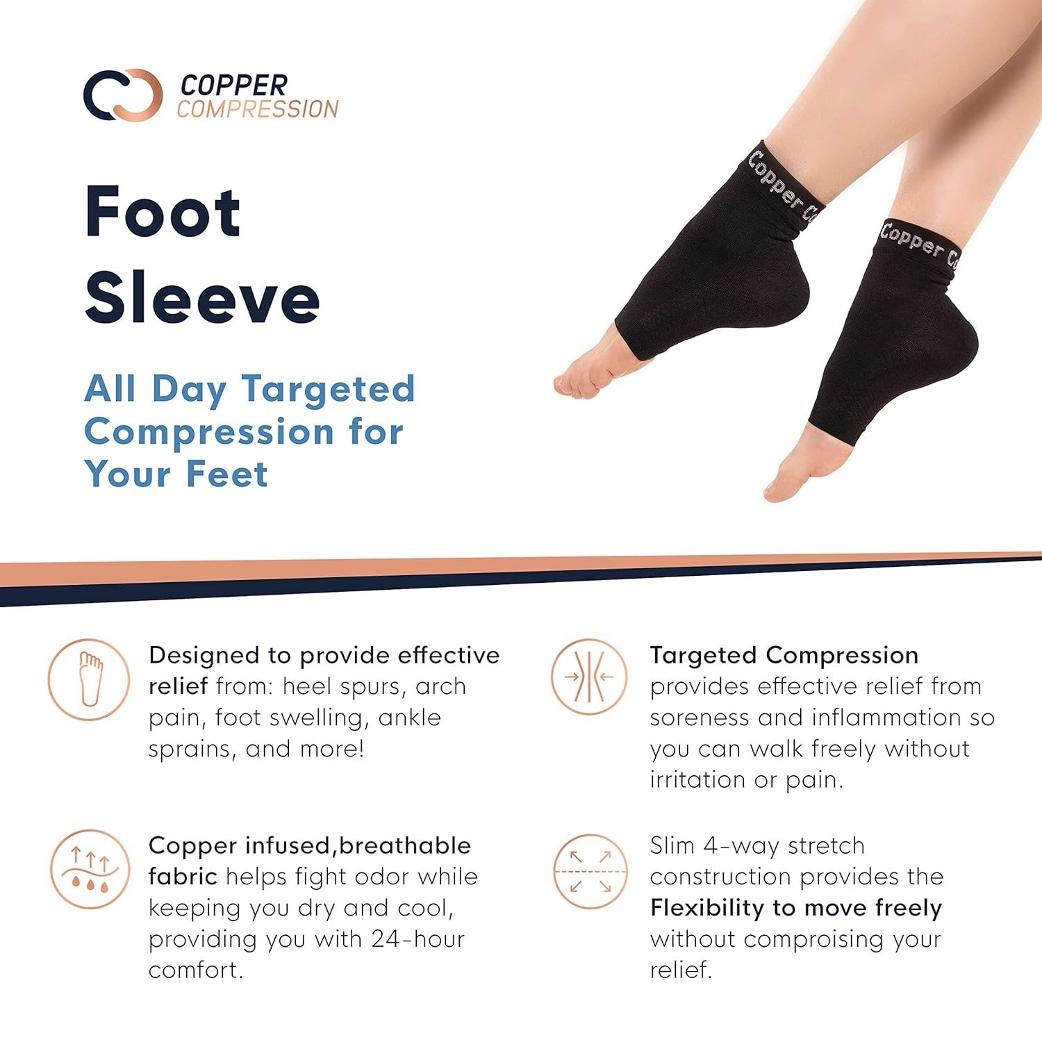 Copper Compression Foot Sleeves Pain Relief, Recovery, Support – 1 Pair, Sm/Med