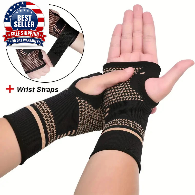 2Pcs Copper Fiber Wrist Brace Gloves – Adjustable Compression Hand & Wrist Suppo