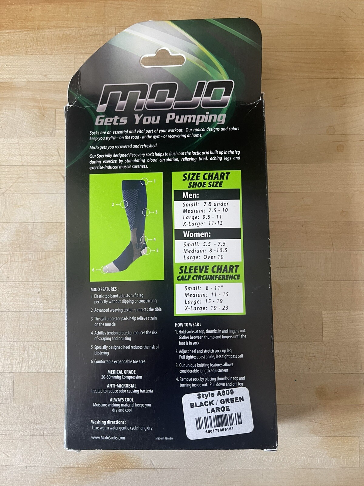 Mojo Full Length Compression Sleeves , Style A609 Black/Green Large