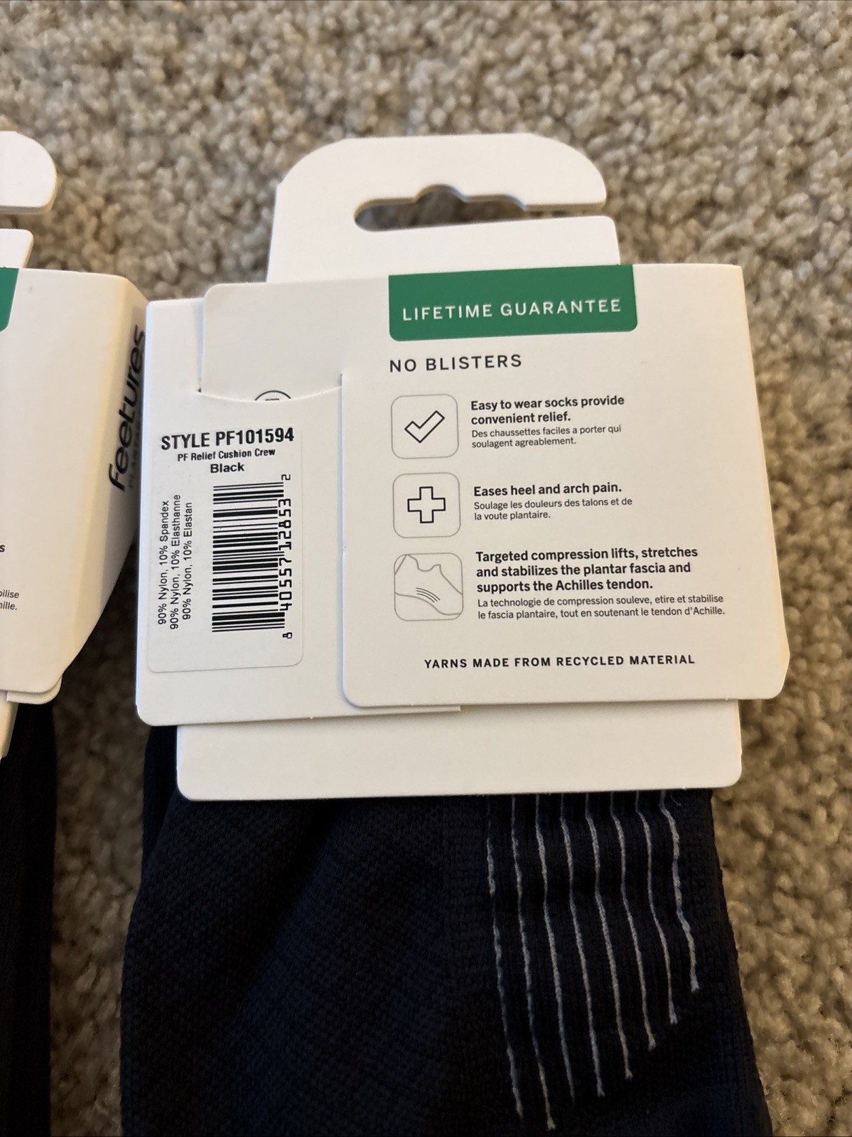 Feetures Plantar Fasciitis Relief Light Cushion Crew Sock XL 2 Pairs NEW!