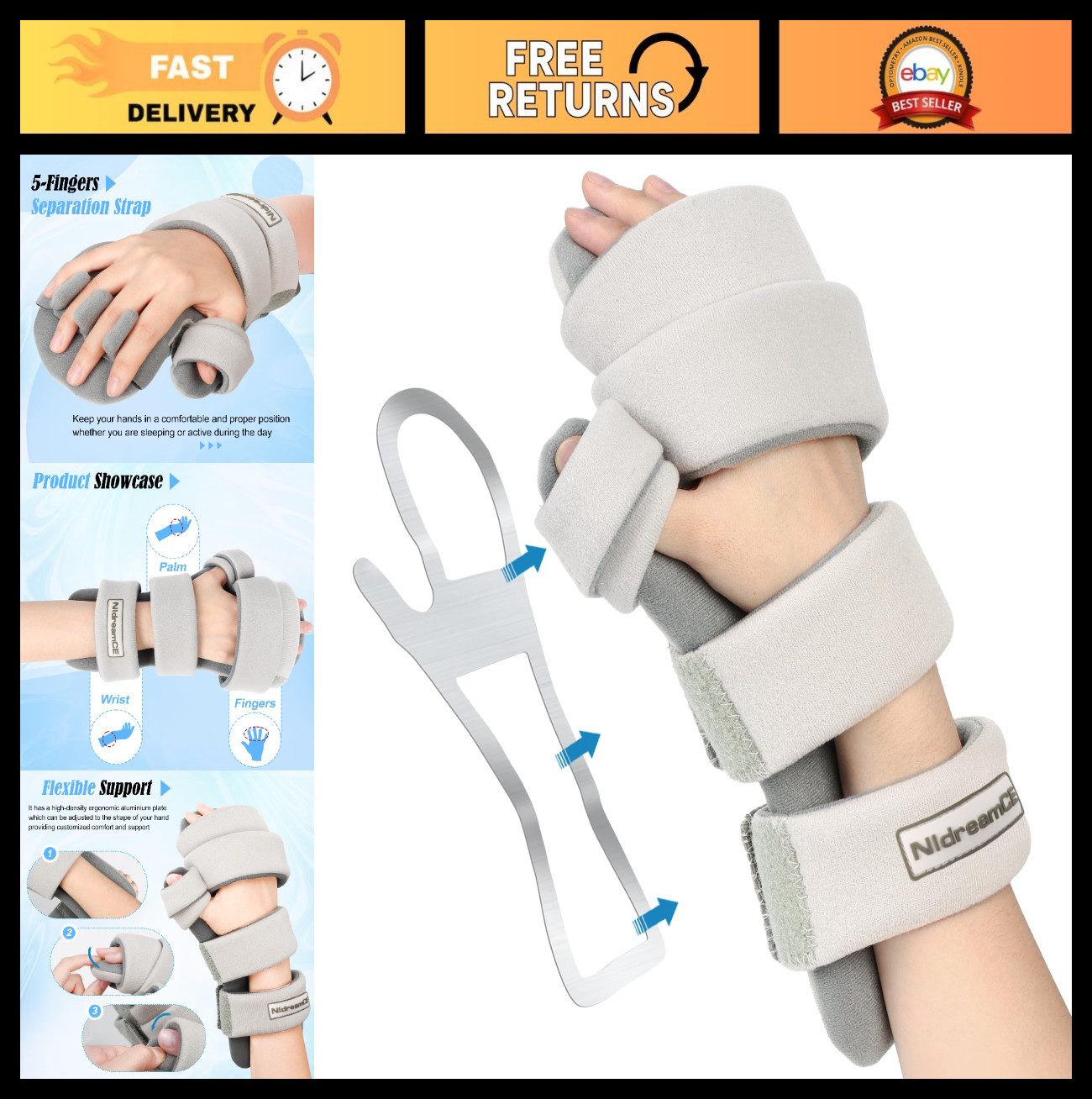 Adjustable Hand Splint for Finger Straightening, Carpal Tunnel Wrist Brace, Nigh