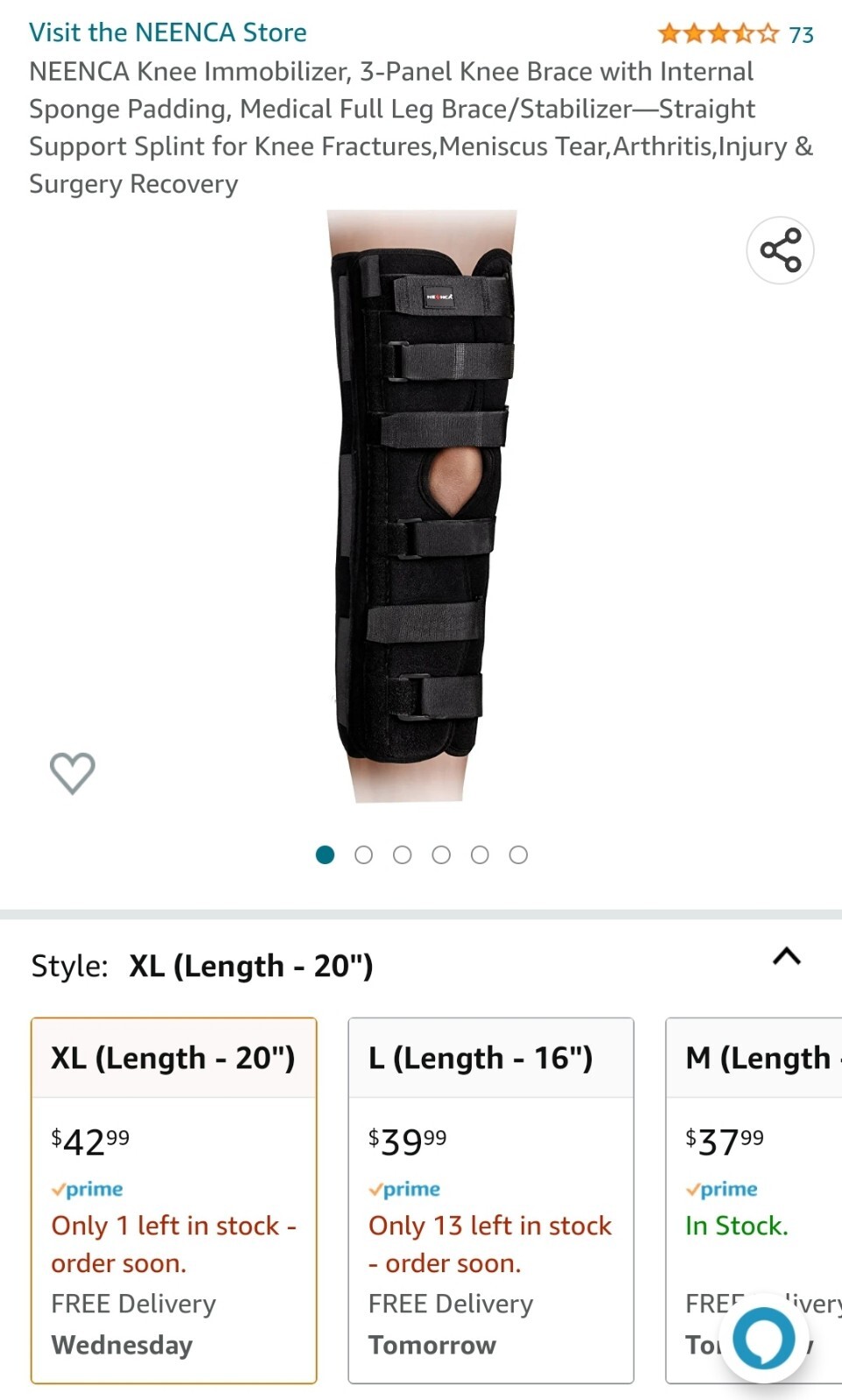 NEENCA Knee Immobilizer-XL, 3-Panel Knee Brace with Internal Sponge Padding