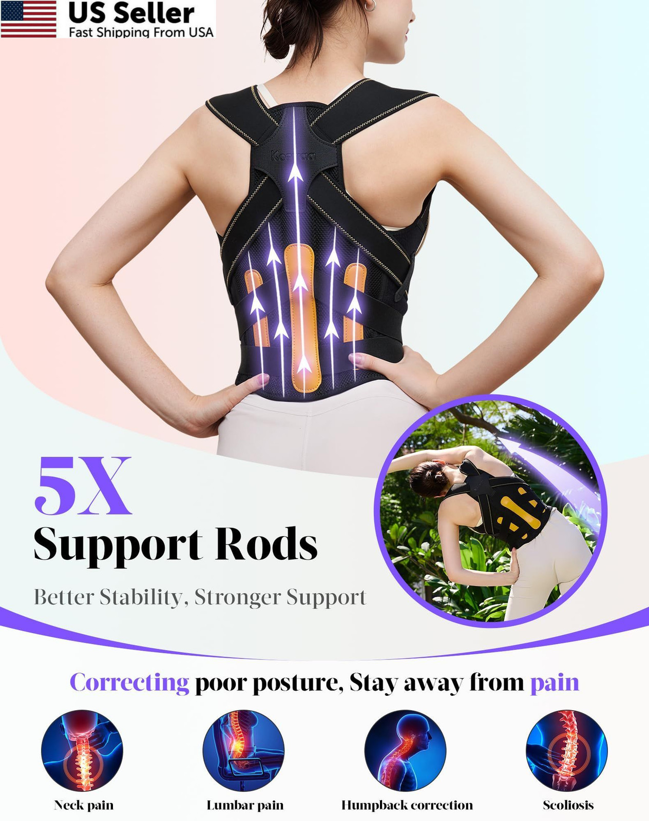 Posture Corrector for Women and Men, 5 Full Back Support Small, Black Yellow