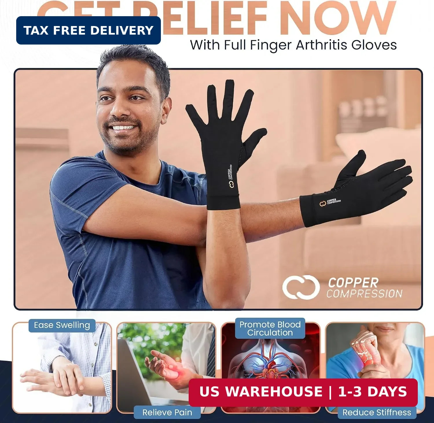 Copper Compression Full Finger Arthritis Gloves – Palm Grips – Touch Screen Fing