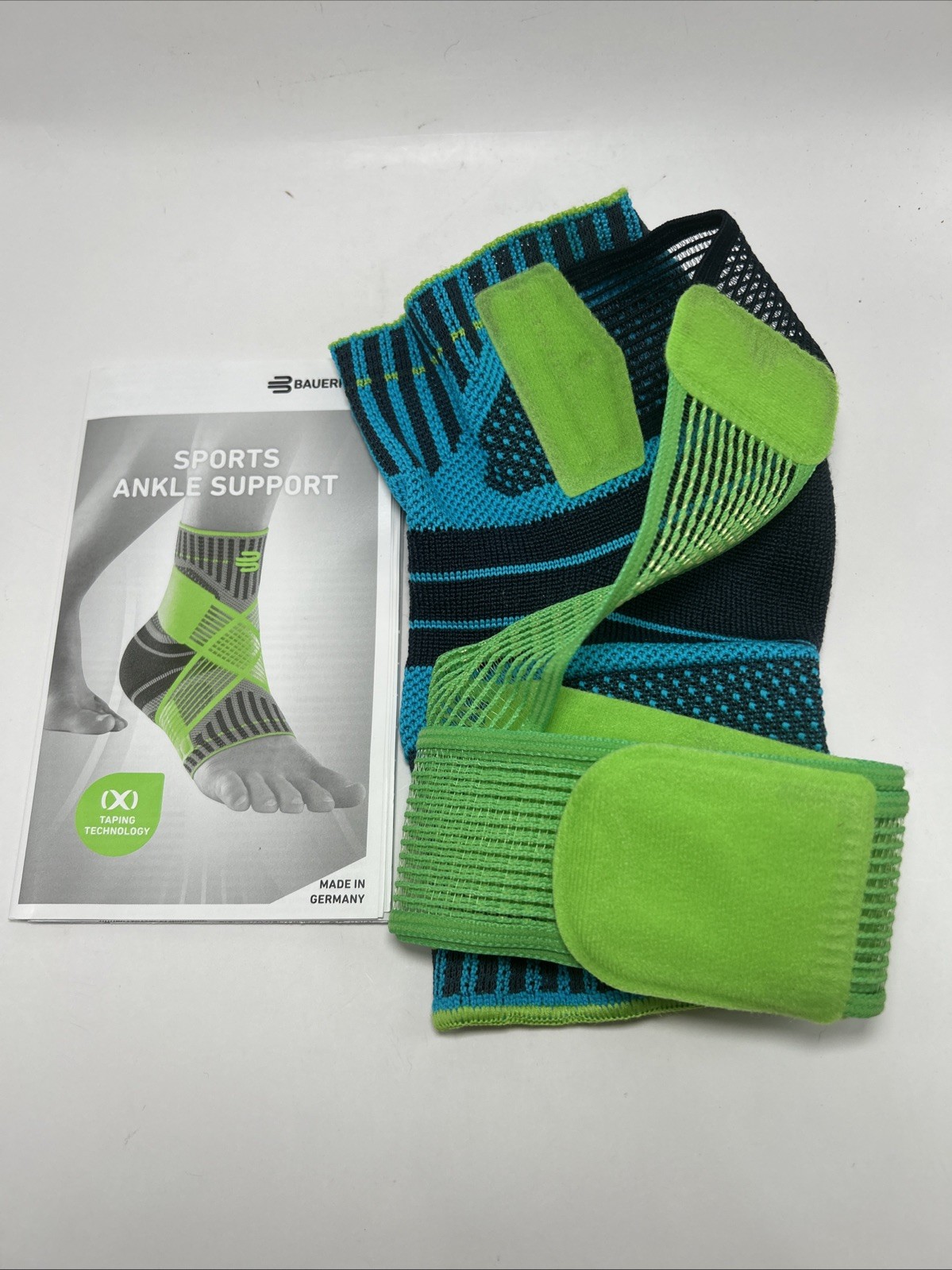 Bauerfeind Sport Ankle Support Compression Taping Strap Blue/Green LARGE LEFT