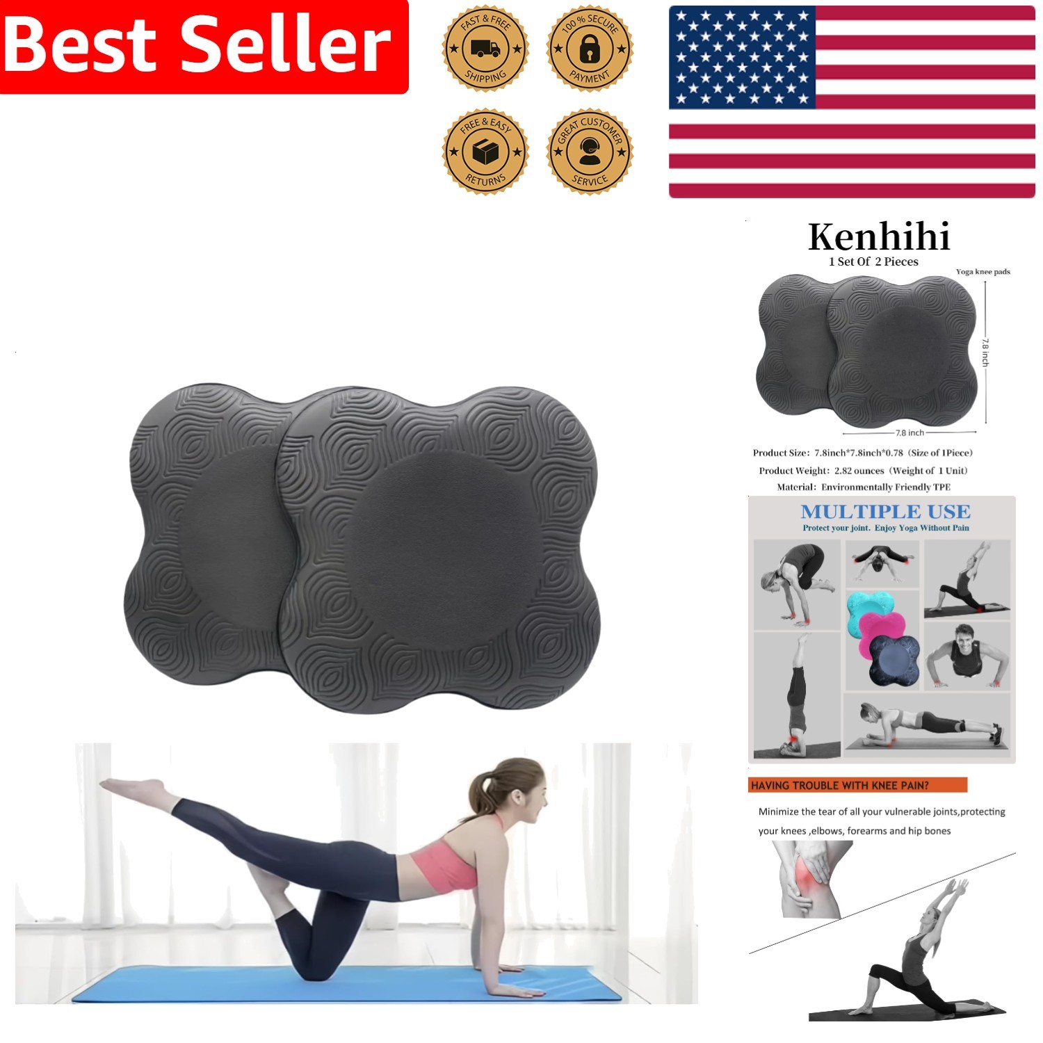 Yoga Knee Pads 2 Pack Black TPE Thick Foam Non-Slip Floor Support