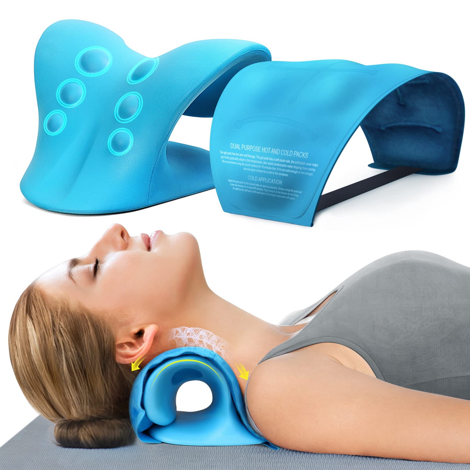 Neck Stretcher & Gel Pack for Pain Relief, 6.5 x 8.5 x 4.5 Inch, Blue