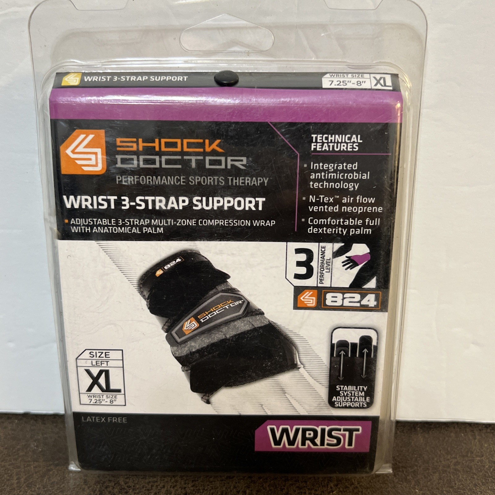 Shock Doctor Wrist 3-Strap Support 824 Left Hand XL 7.25″-8″ Black