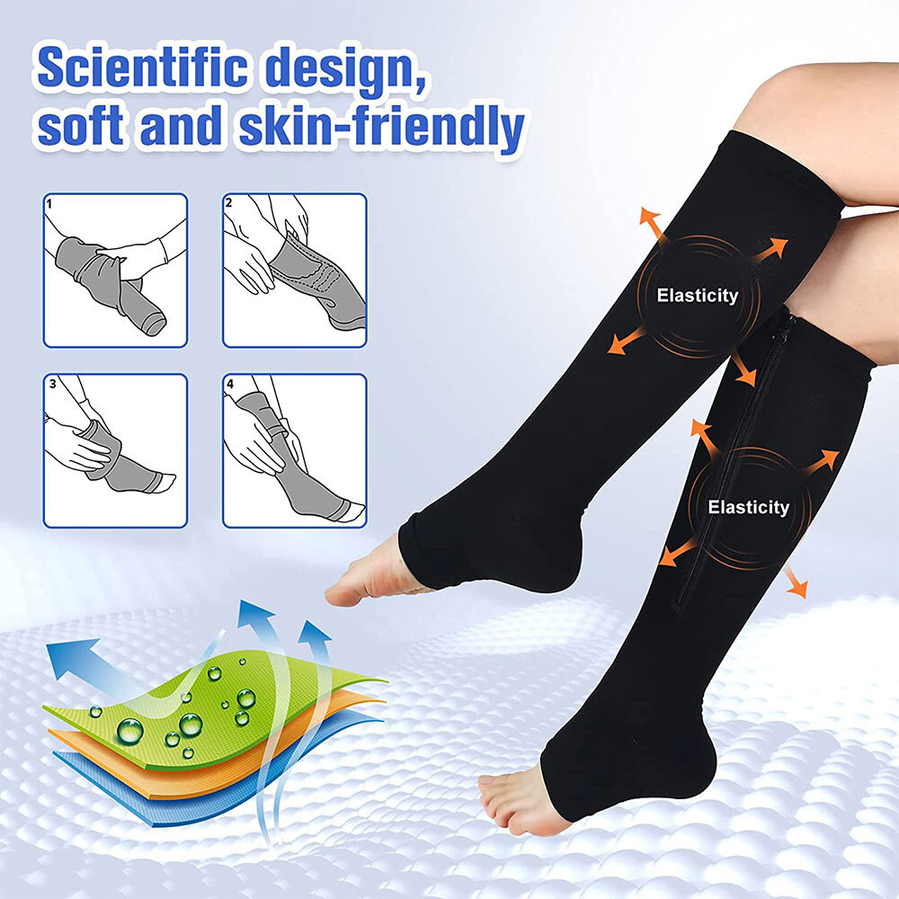 Zipper Open Toe Stockings Performance Compression Socks 20-30 mmgh Below Knee US