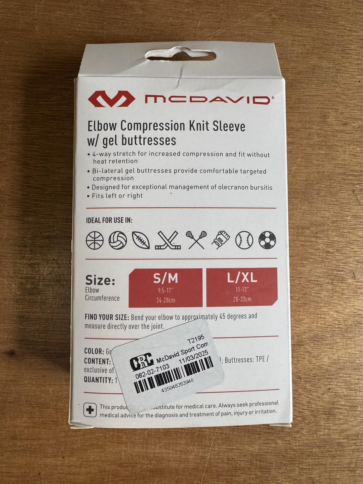 McDavid Sport Elbow Compression Sleeve Size S/M Gray Level 2 Gel Buttresses