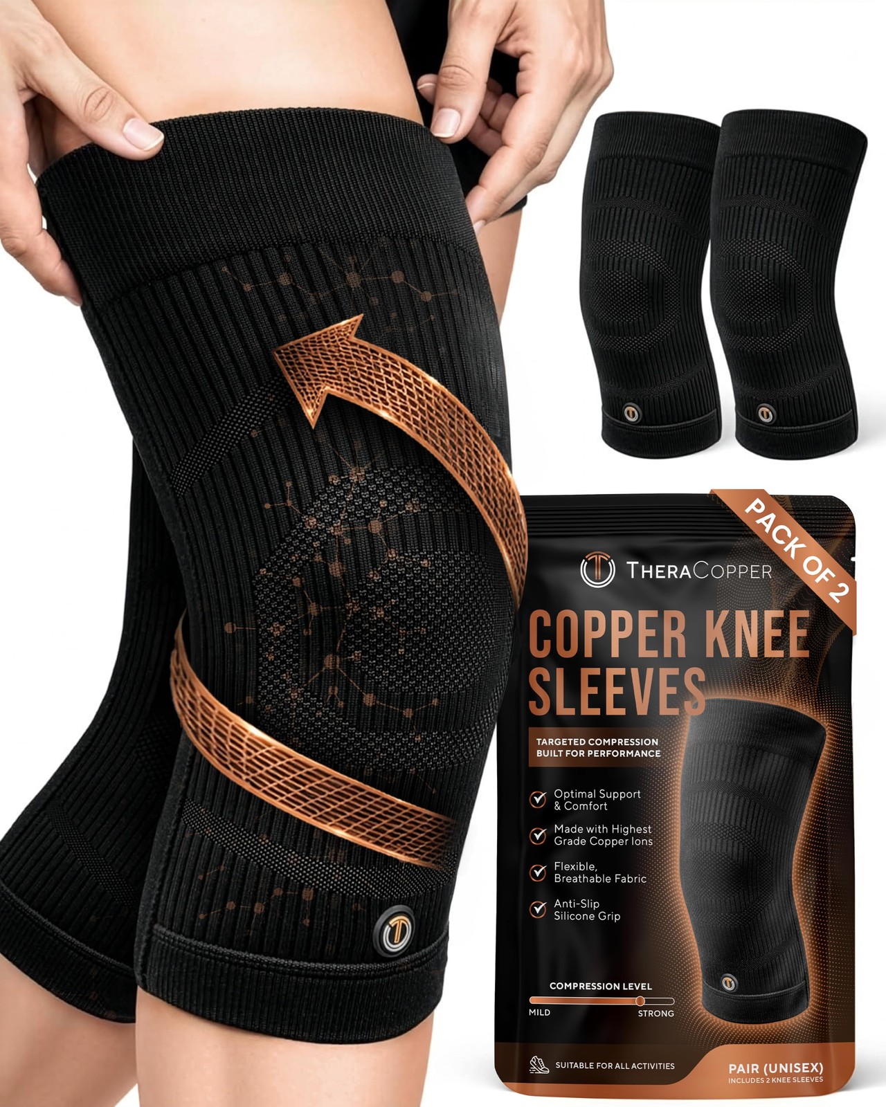 TheraCopper Copper Knee Brace for Women & Men (Medium, 2 Pack) Medium, Black
