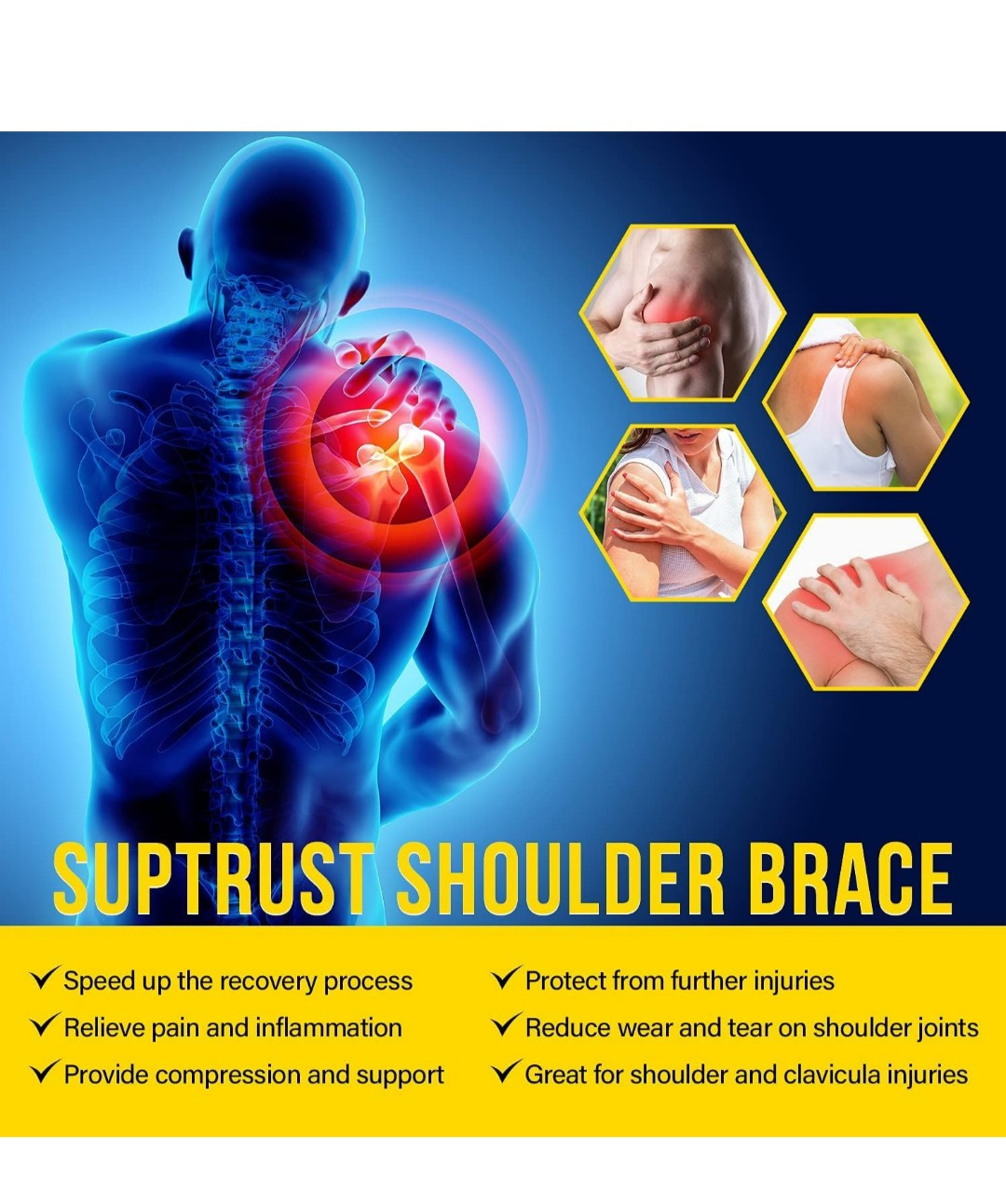 Suptrust Recovery Shoulder Brace for Men and Women, One Size, Black