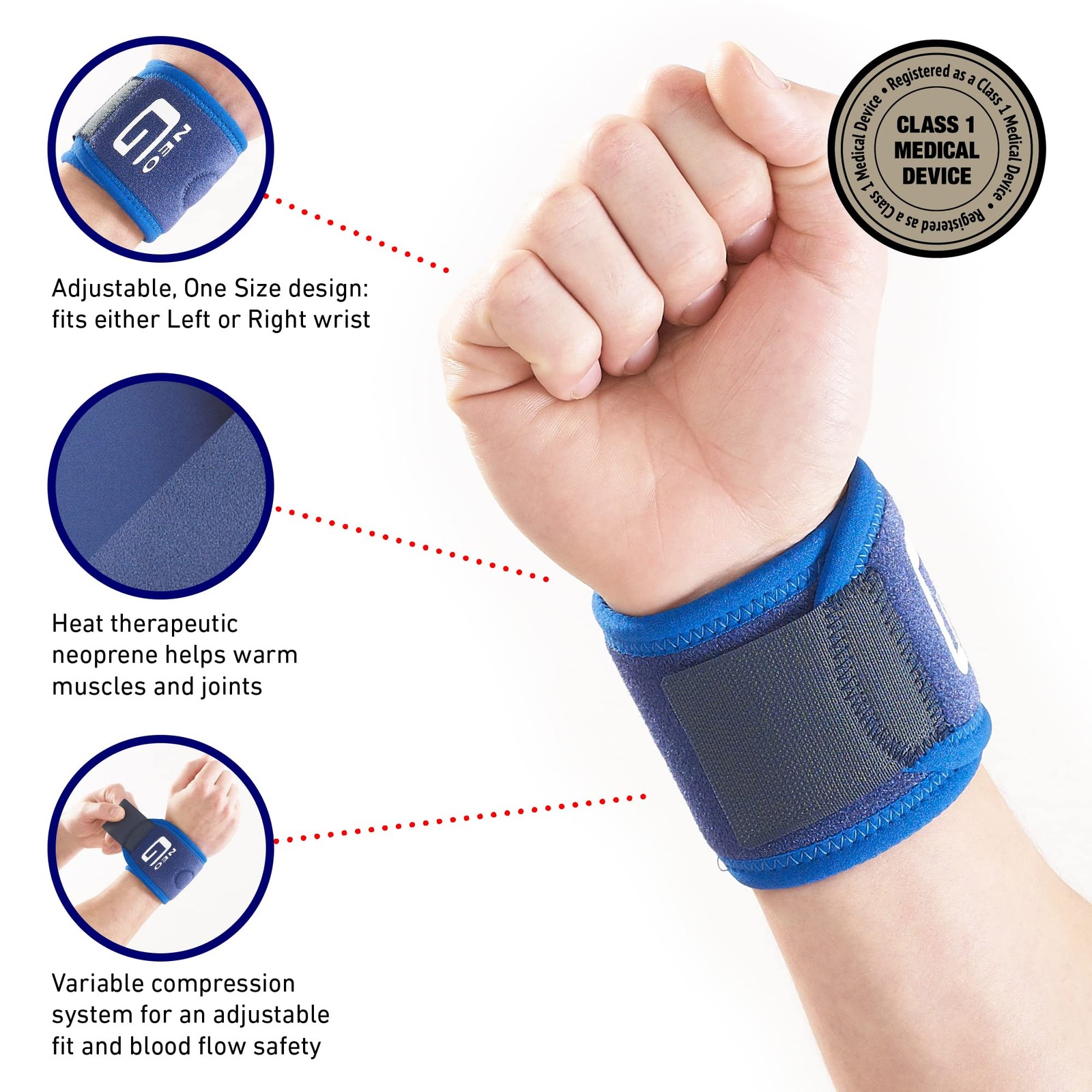 Neo-G Wrist Band – Support For Joint Pain, Arthritis, Sprains, One Size, Blue