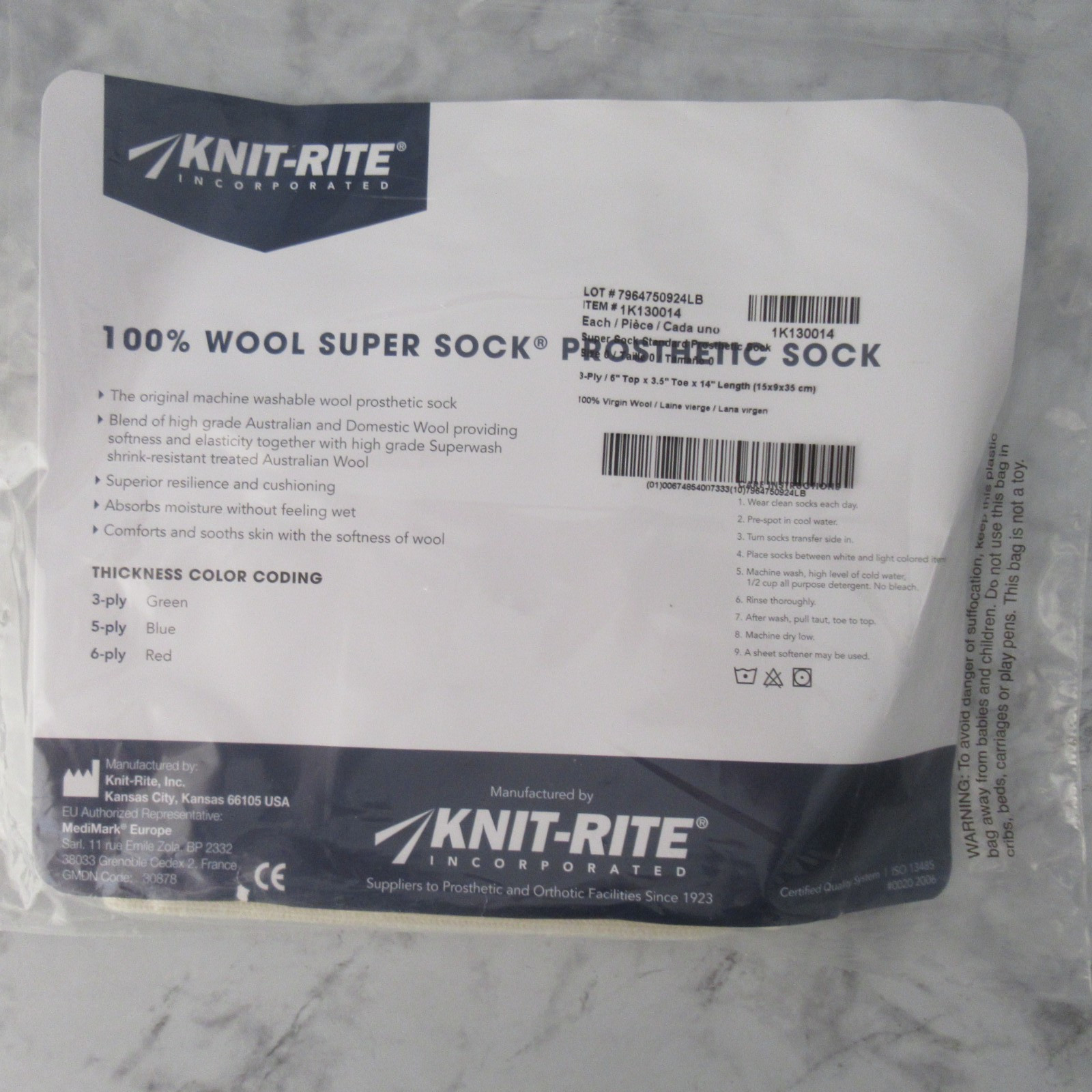 Knit Rite Prosthetic Super Sock 100% Wool 3 Ply 6″ Top 3.5″ Toe 14″ Length