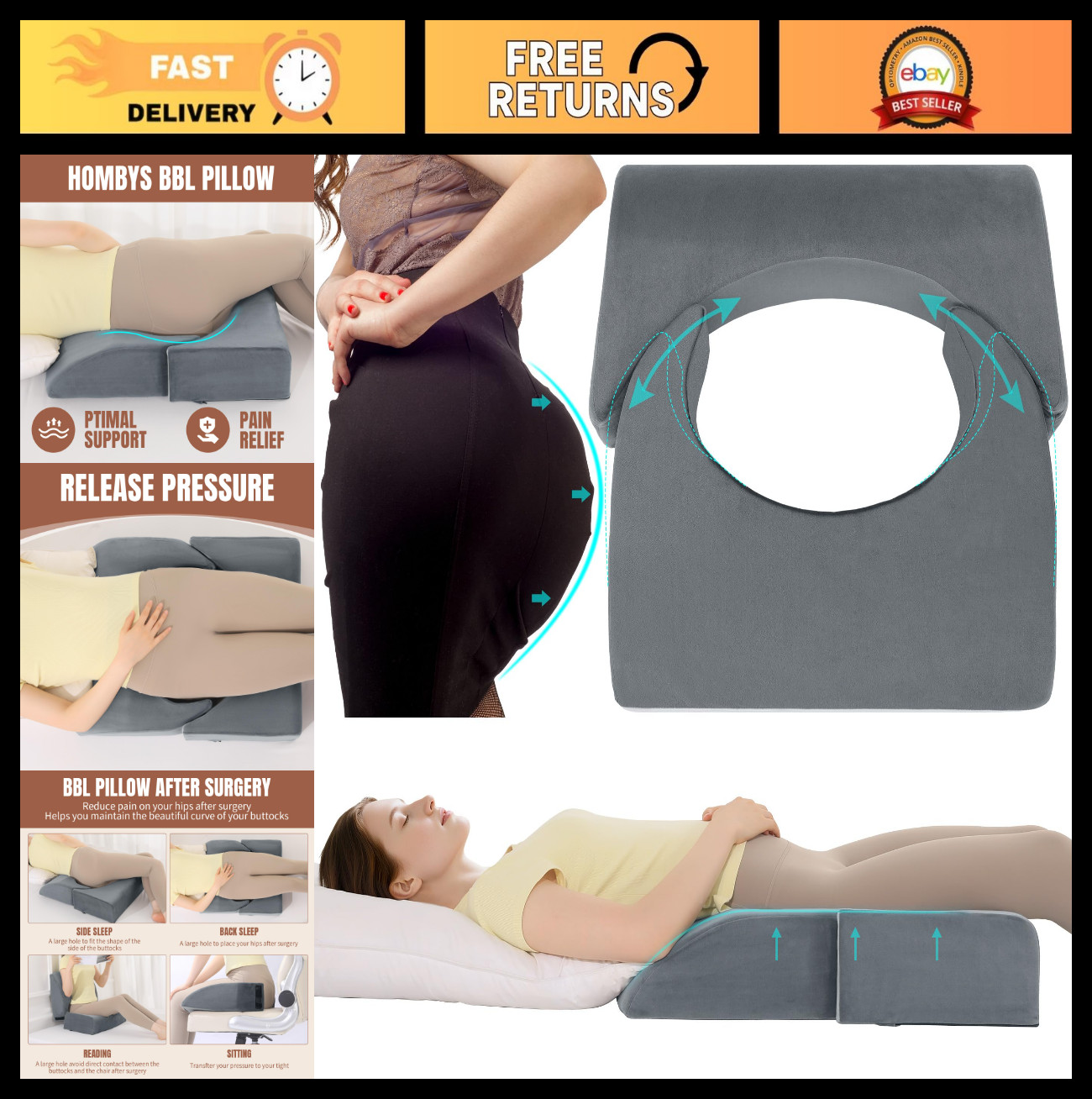 Adjustable BBL Pillow for Post Surgery Recovery, High Density Foam, Butt Support