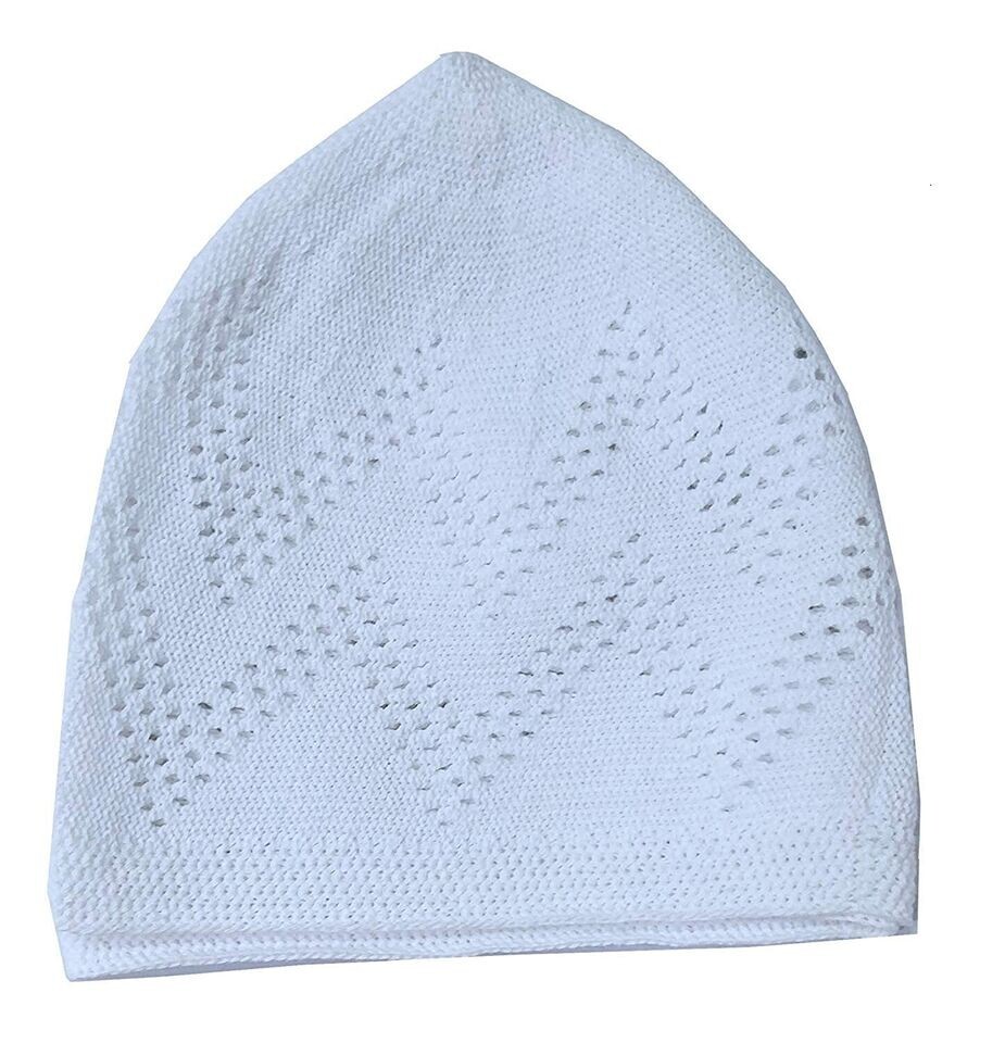 Muslim White Cotton Open-Knit Turkish Islamic Skull Kufi Cap Kuffiyeh Hat