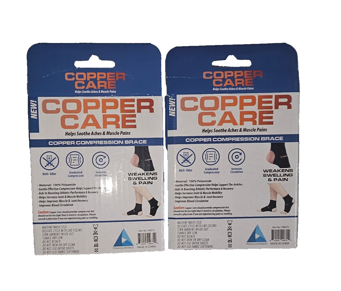 Copper Care Compression Sleeve Ankle Brace Adult OSFM, Black, 2 Pack