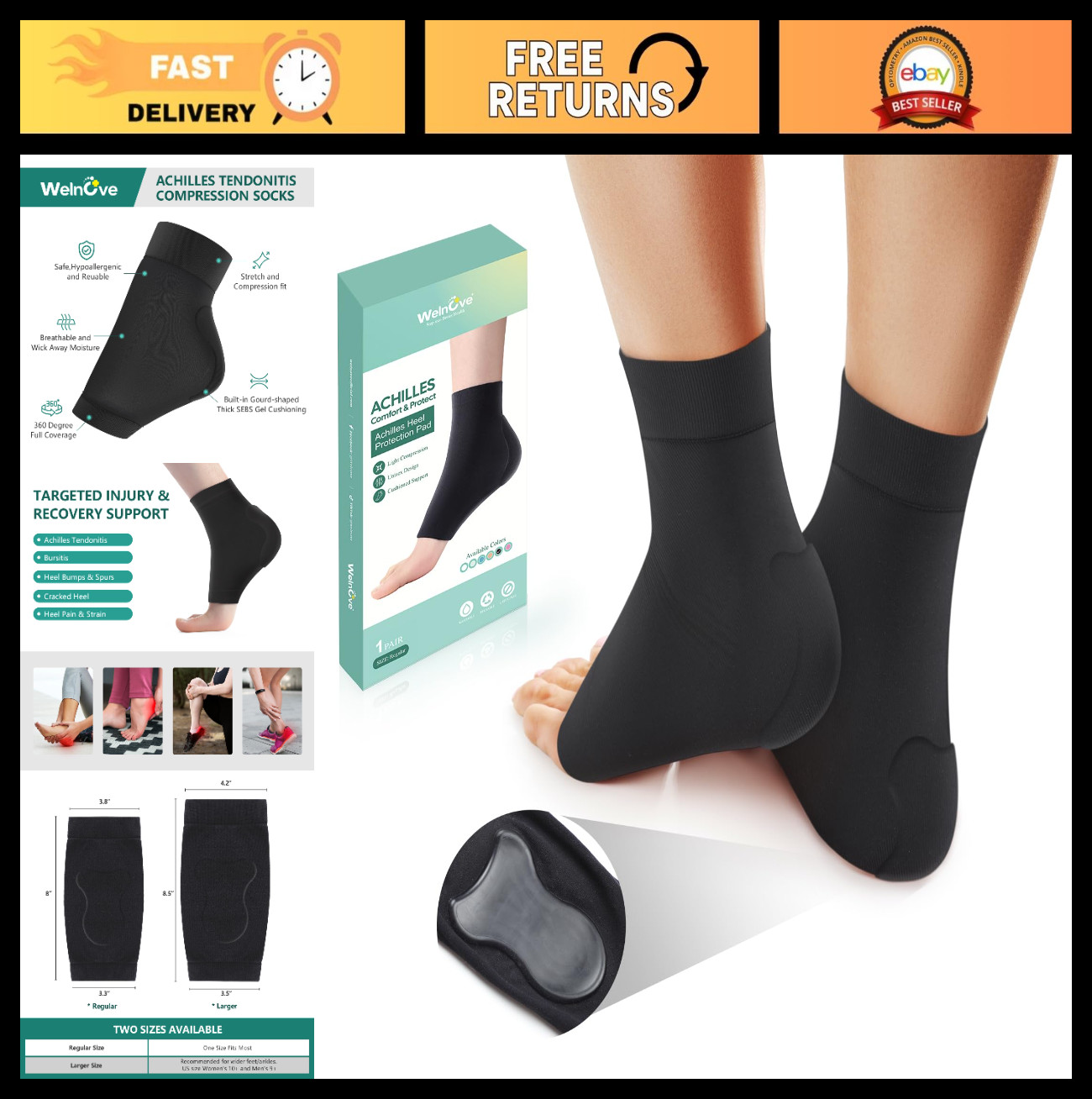 Achilles Tendonitis Compression Socks – Gel Padded Heel Protector for Pain Relie