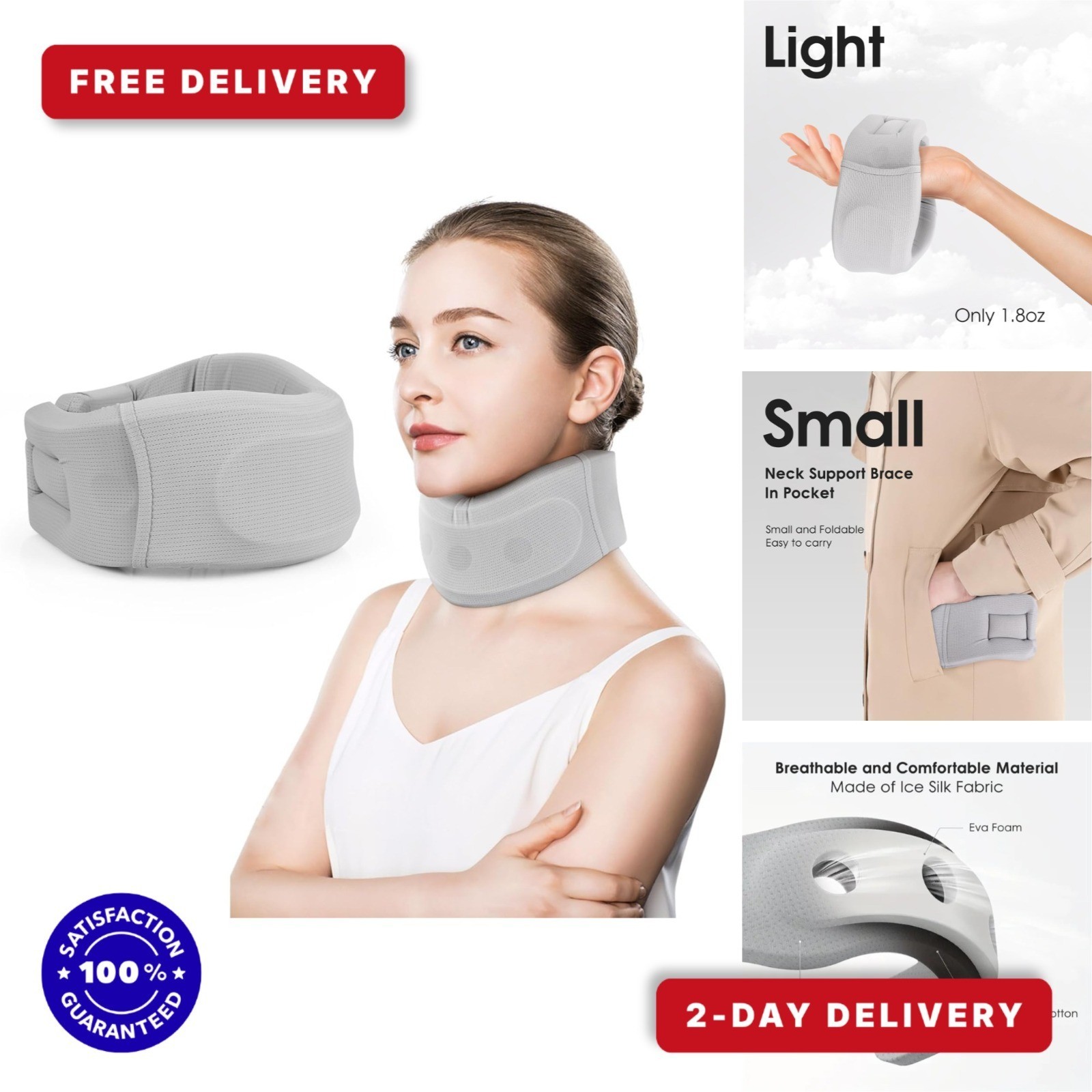RESTCLOUD Neck Brace for Pain Relief, Adjustable Cervical Collar, Gray
