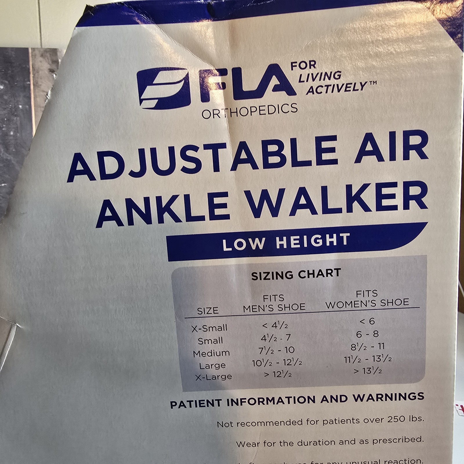 FLA Adjustable Air Ankle Walker Boot Low Large M 10.5-12.5 W 11.5-13.5 & Sock