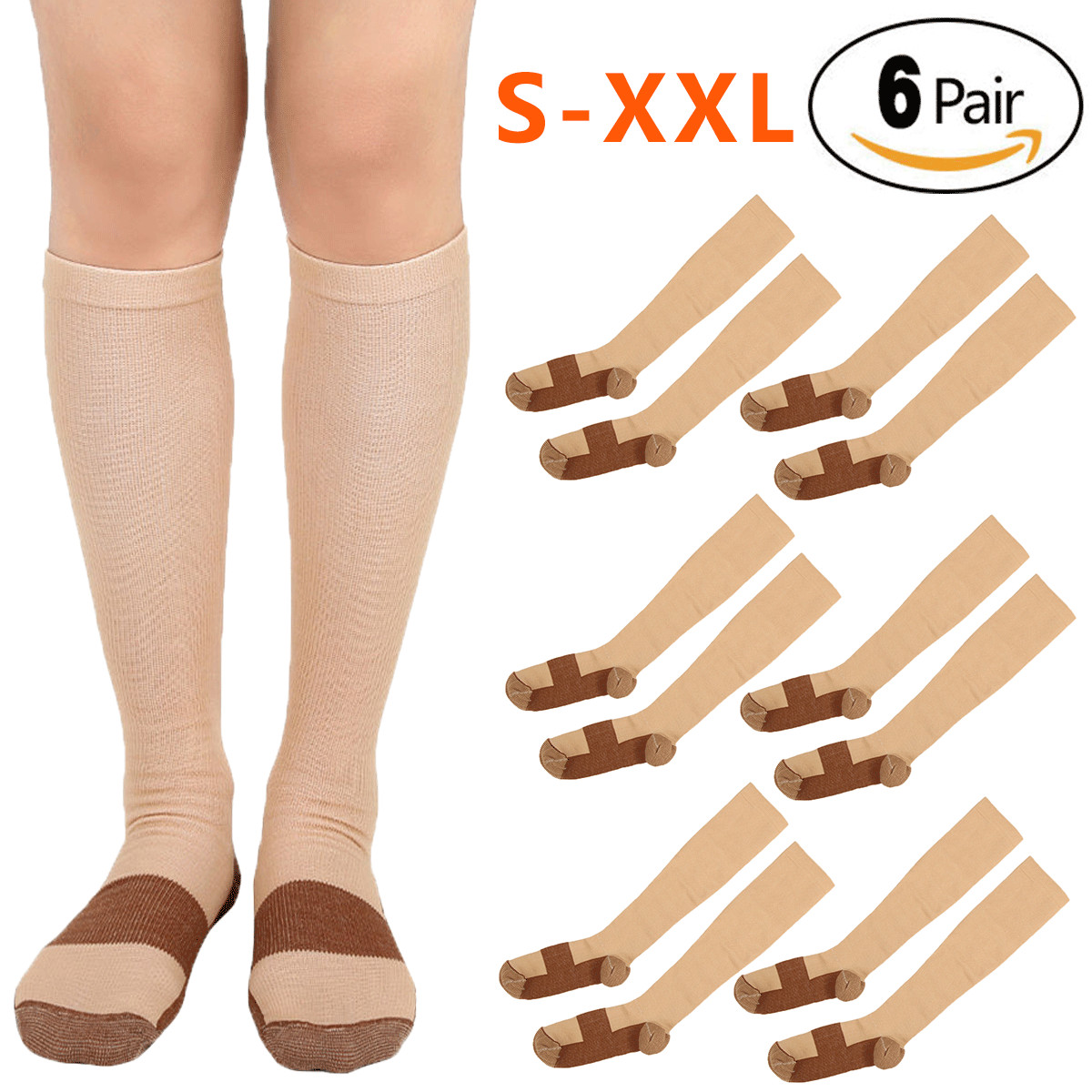 6 Pairs Copper Compression Socks 20-30mmHg Graduated Support Mens Womens S/M-XXL
