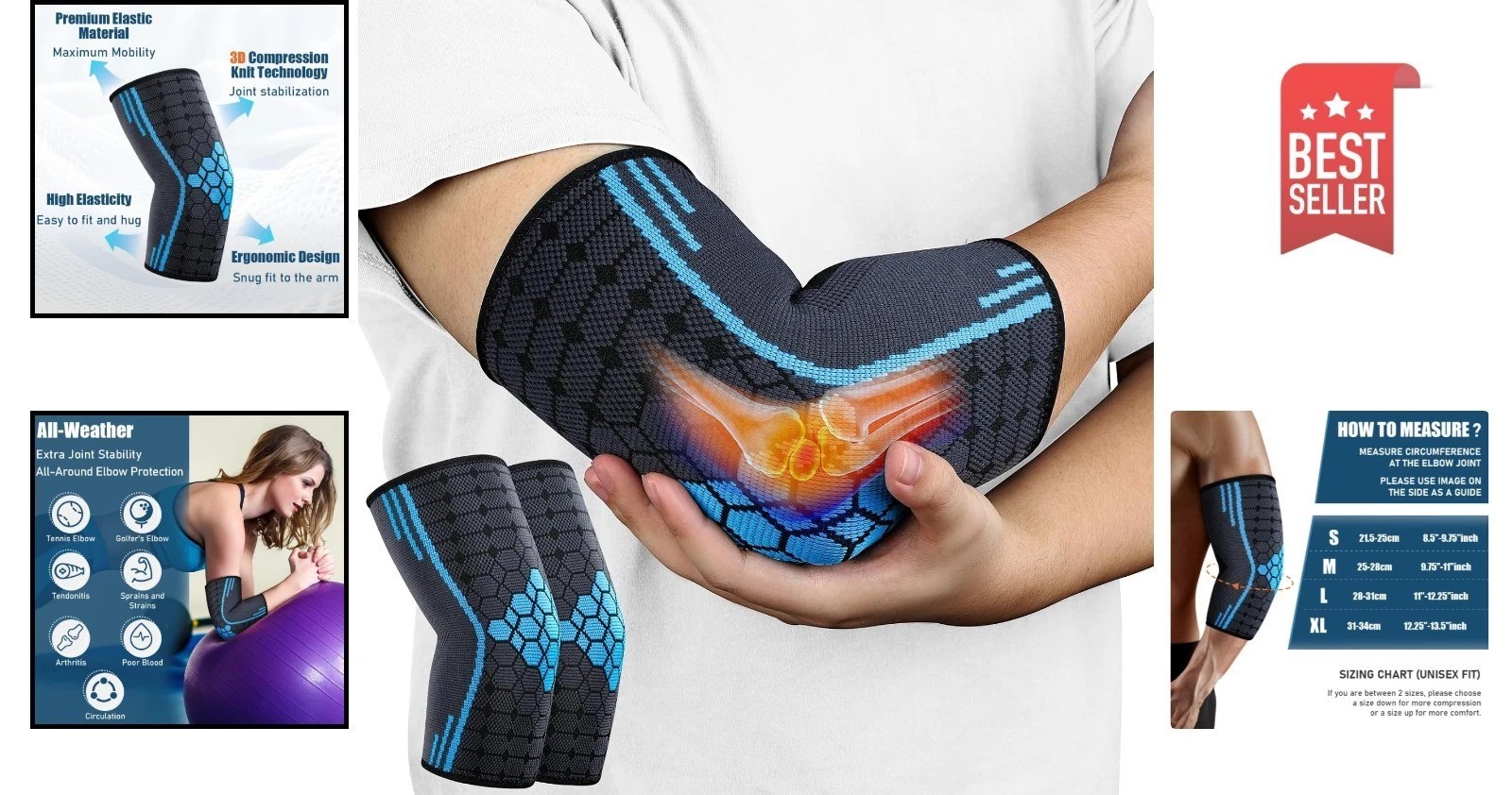 2 Pack Elbow Compression Sleeve Wraps Pads for Tendonitis Arthritis Bursitis