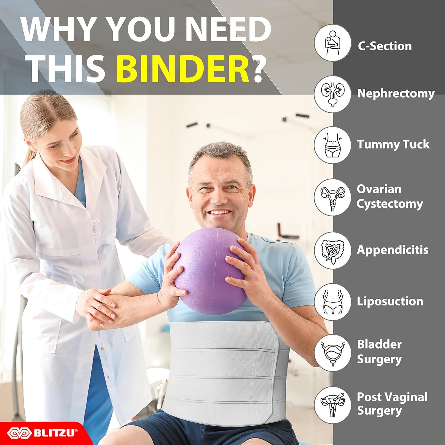 Abdominal Binder for Women & Men Post Surgery Recovery, 12 Inch 4 Panel Waist Co