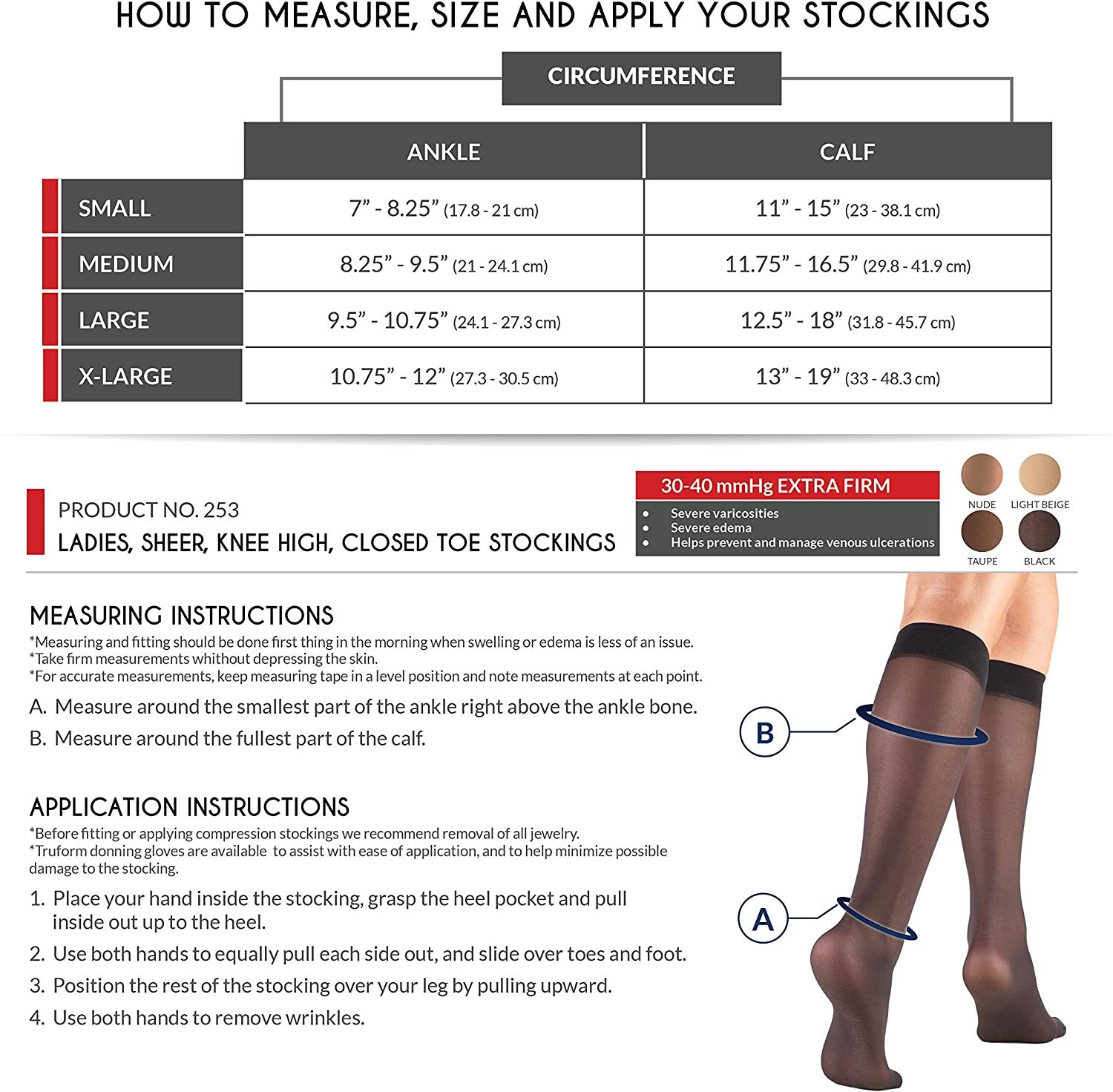Truform Women’s 0253 Sheer Compression Stockings Knee High 30-40 mmHg [2x Pairs]