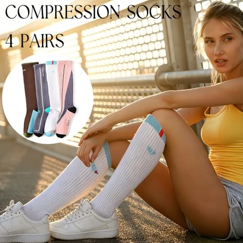 4 Pairs Compression Socks for Women and Men, Support Circulation Knee Socks 20