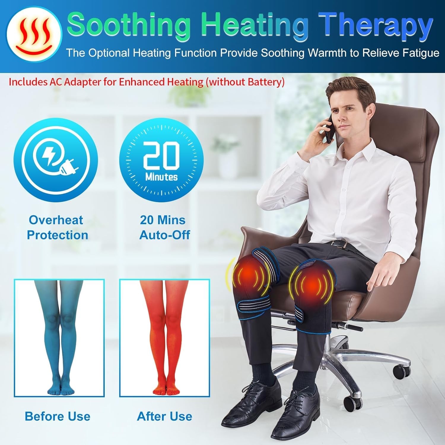 Knee Massager with Heat & Vibration, 3 Modes, 3 Heat Levels, AC Adapter