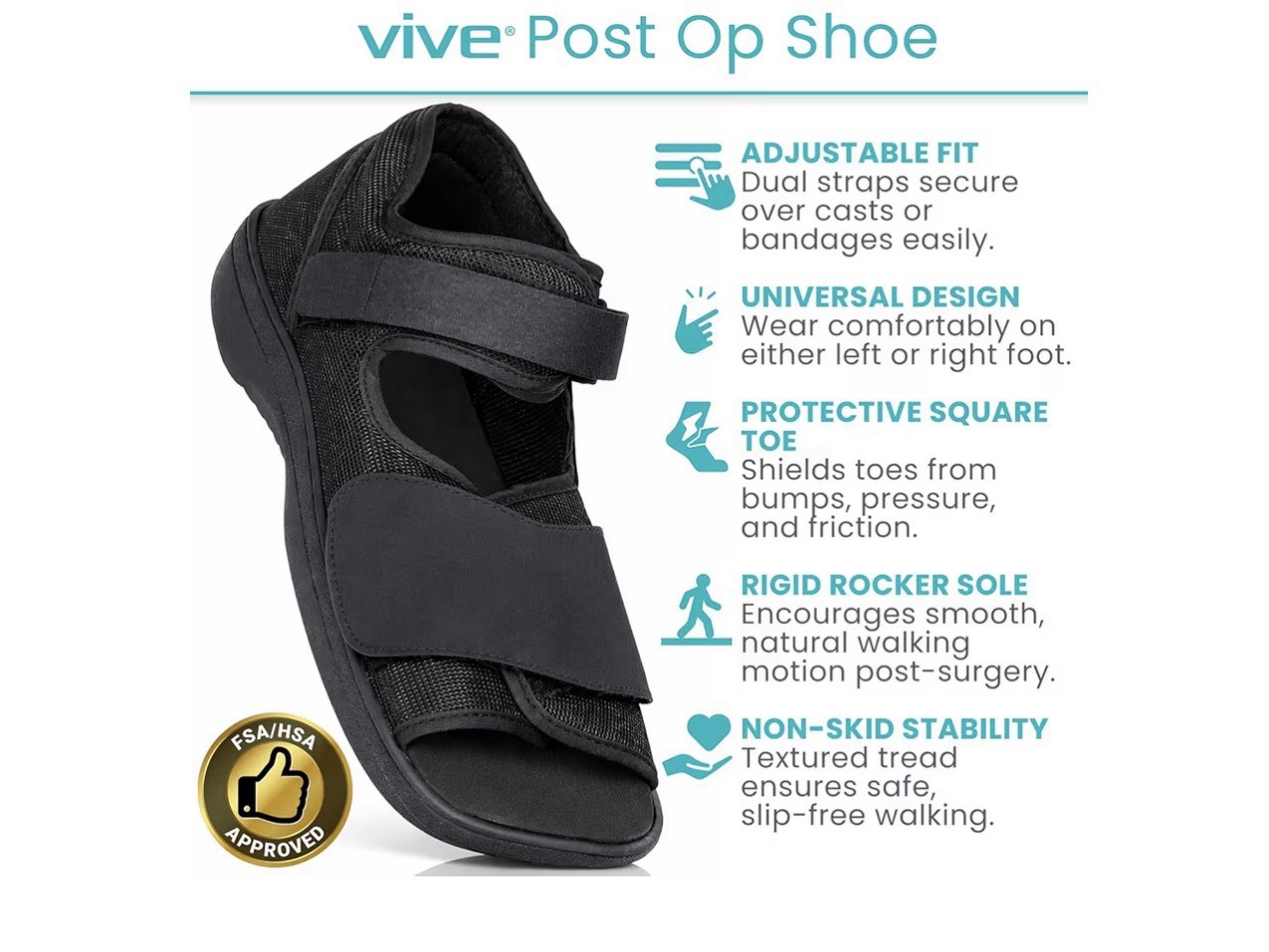 Vive Healing Shoes, Pair of Medical-Surgical Shoes, XS ,Black, Square Toe