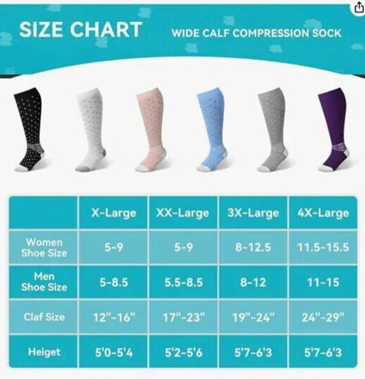 Wide Calf Compression Ankle Support Socks 3 Pairs NEW SIZE XXXL BLACK,PINK,BLUE