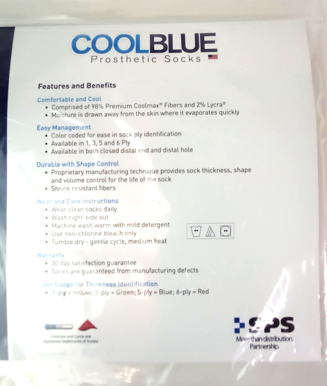 Cool Blue 1 Ply Prosthetic Sock w/ Hole SZ 1, 2 Length 10 – 14 Model CB1HMSH2