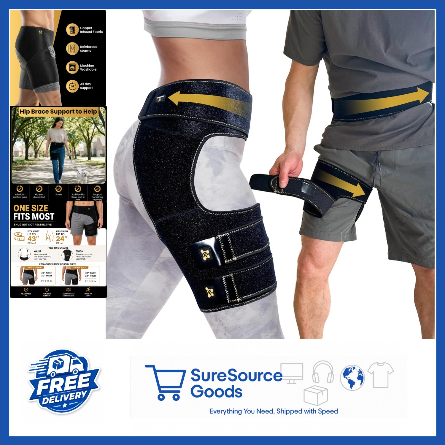 Adjustable Hip Brace for Men and Women Black One Size for Groin Support