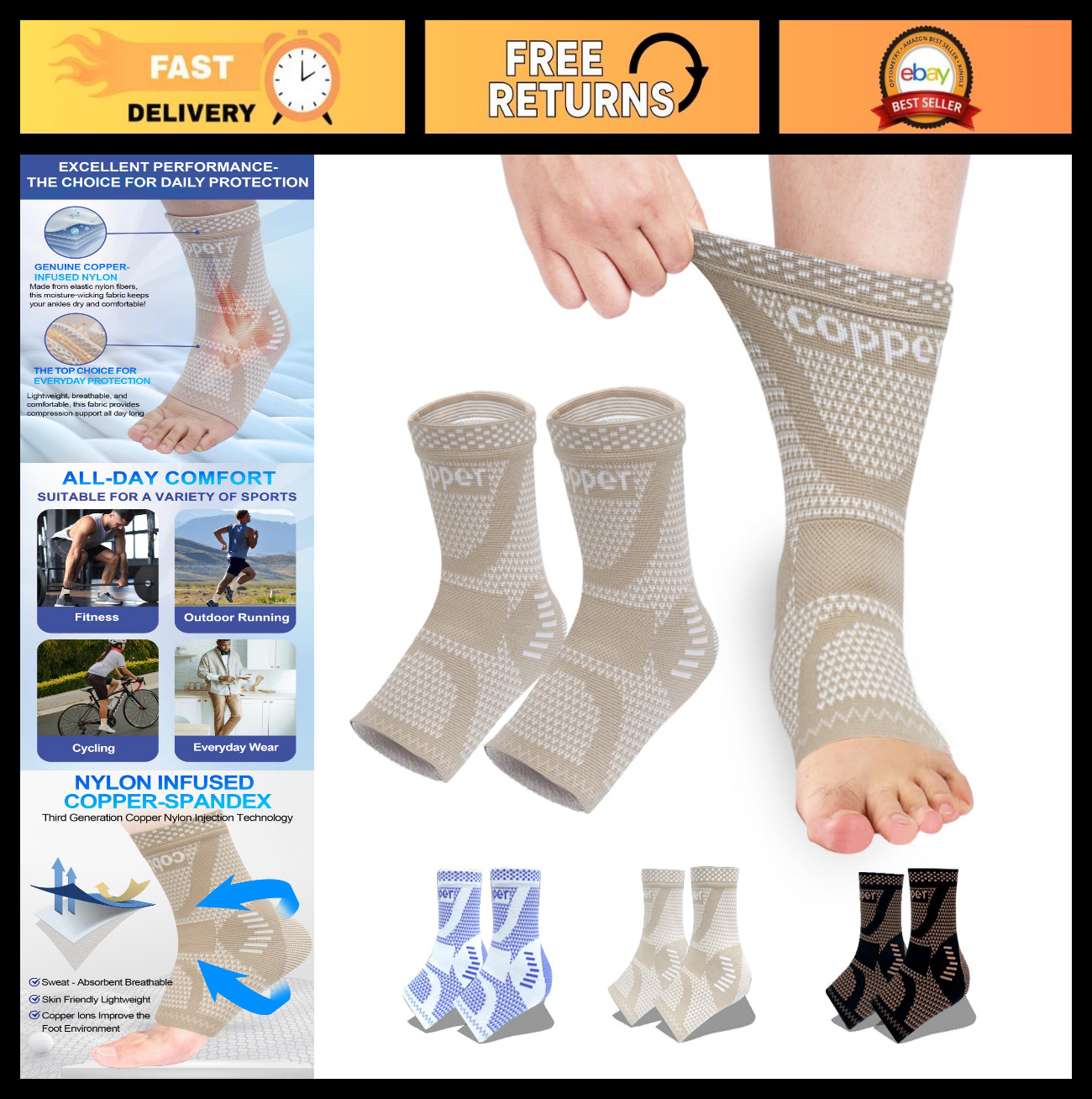 Copper Infused Ankle Brace Compression Sleeve for Pain Relief & Recovery – L
